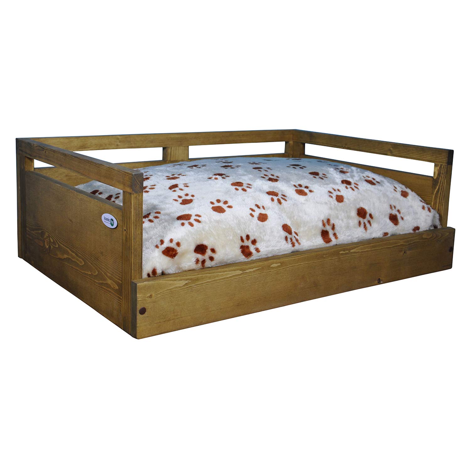 Iconic Pet Sassy Paws Wooden Dog & Cat Bed with Paw Print Cushion - Rustic Brown Small Size - Cozy Pet Furniture for Living Room, Bedroom, or Patio