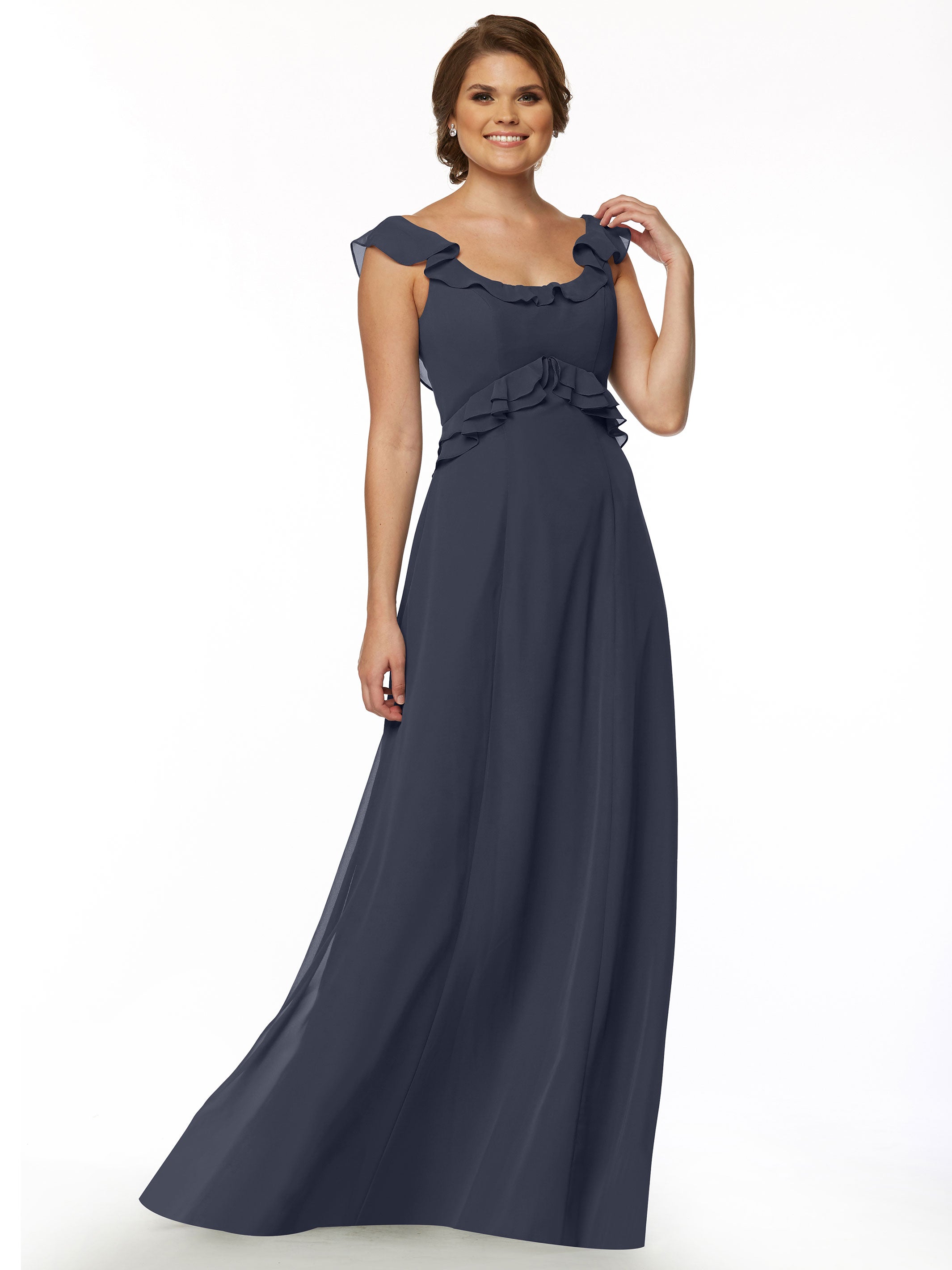Elegant Off-the-Shoulder Chiffon Bridesmaid Dress with Ruffled Bodice - A-Line Flowy Wedding Party Gown for Formal Events, Prom & Special Occasions
