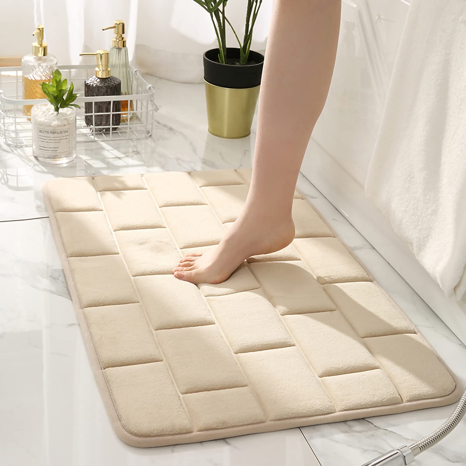 Eanpet Beige Non-Slip Memory Foam Bath Mat - Super Absorbent Machine Washable Bathroom Rug (16