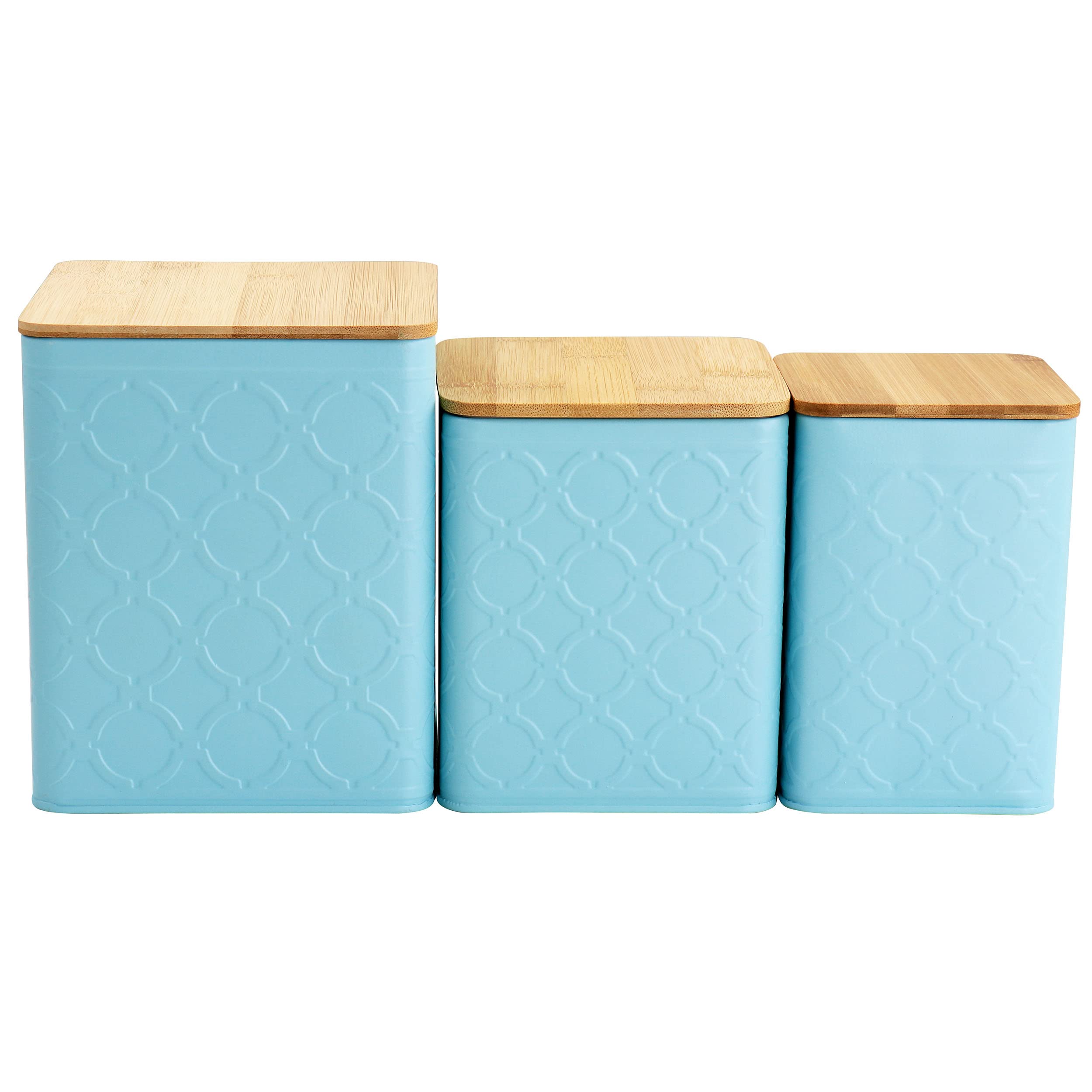 MegaChef 3-Piece Square Iron Canister Set - Airtight Kitchen Storage Containers for Flour, Sugar, Coffee & Tea | Turquoise Blue Pantry Organization for Countertop or Cabinet