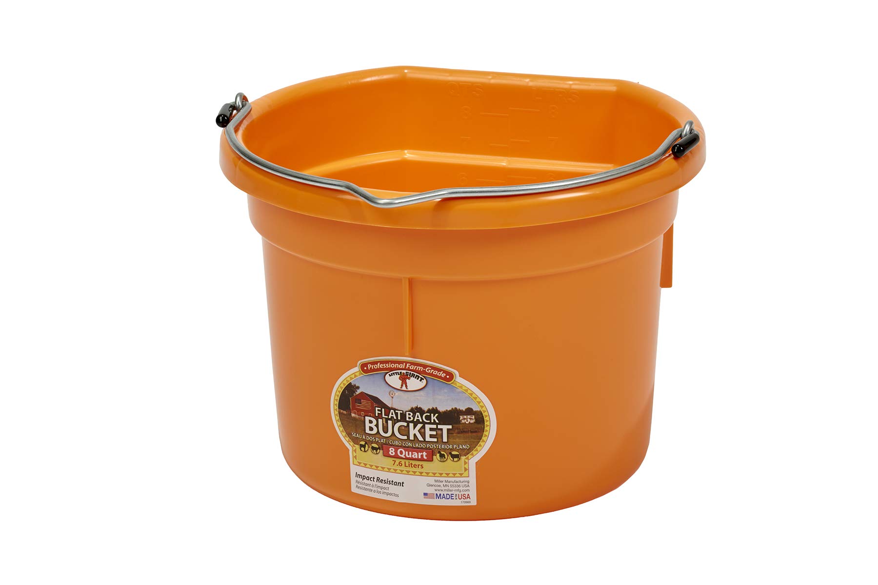 Little Giant® 8 Quart Orange Plastic Animal Feed Bucket with Metal Handle - Durable Horse Feed & Water Pail for Stable, Ranch, and Farm Use