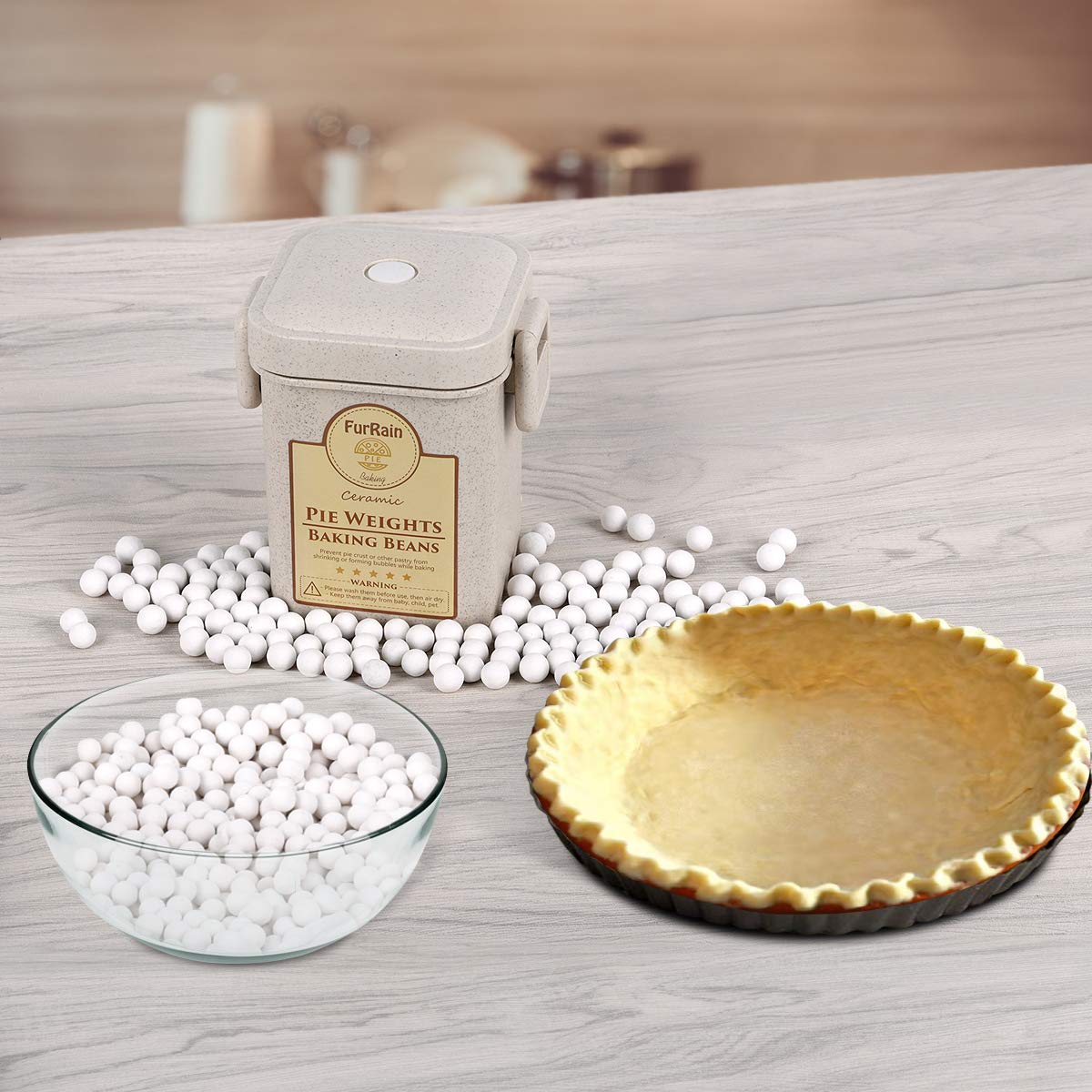Reusable 10mm Ceramic Pie Weights - Natural Stoneware Baking Beans for Perfect Pie Crust with Wheat Straw Container | Ideal for Blind Baking, Quiches & Tarts