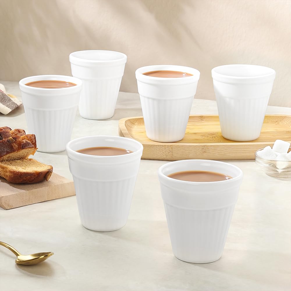 BOROSIL Larah 6-Piece Opalware Tea & Coffee Kulhad Set - 100ml Each, Microwave & Dishwasher Safe, Bone-Ash Free - Perfect for Home, Office, Parties & Gifting (White)