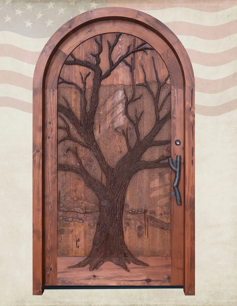 Hand Carved Tree of Life Sun Moon Wooden Door - Custom Made Interior & Exterior Solid Wood Entry Door for Home, Bedroom, Patio & Garden Decor