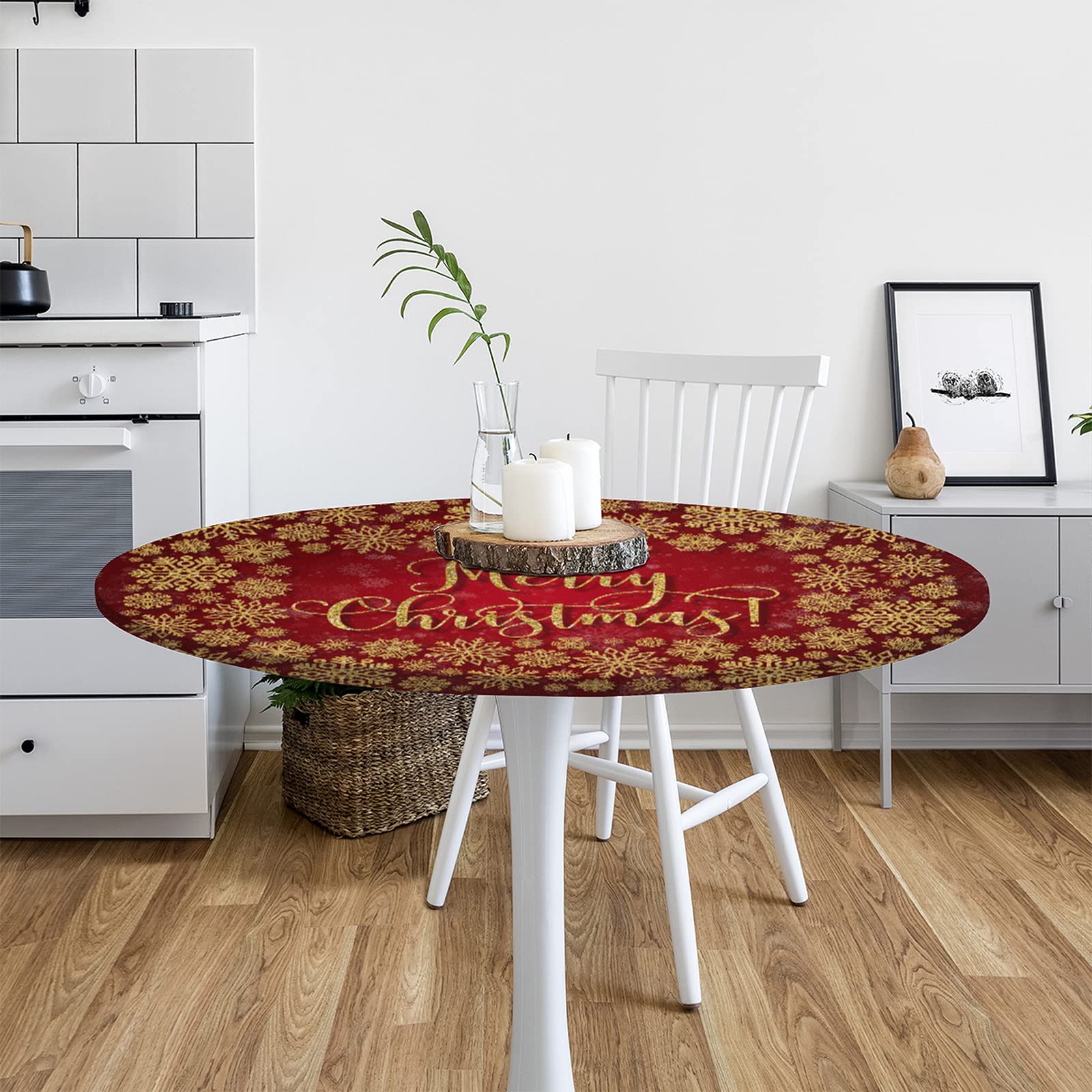 cfpolar Round Fitted Tablecloth - Christmas Snowflake Elastic Edge Table Cover | Wipeable & Durable for Indoor/Outdoor Use | Fits 45-50 Inch Tables | Perfect for Holiday Parties, Dining Rooms & Outdoor Gatherings