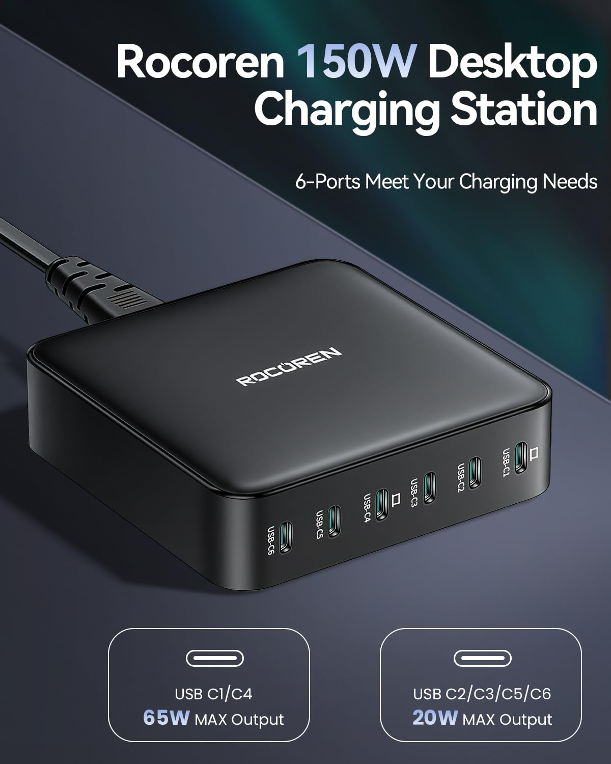150W USB C Fast Charging Station with 6 Ports - PD 65W Laptop & 20W Phone Charger - Compatible with MacBook Pro, iPhone 15, Galaxy S24, iPad, Pixel, Nintendo Switch - Perfect for Home, Office & Travel Charging Needs