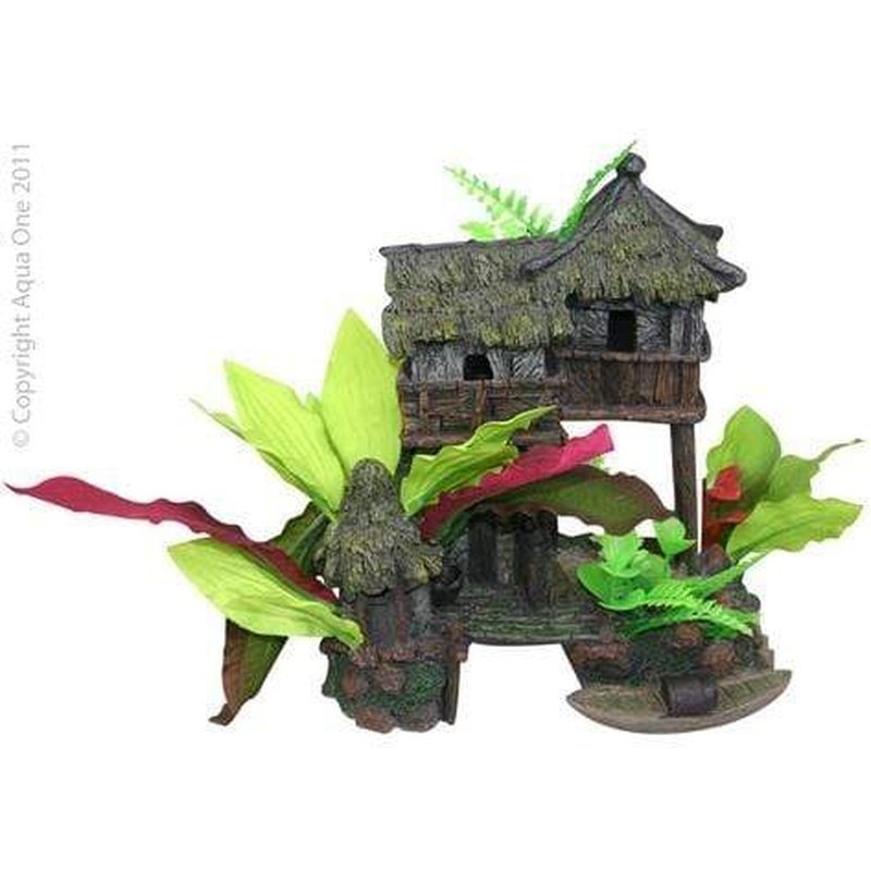 Aqua One Jungle House Ornament with Artificial Plants - 20 x 13 x 19cm Fish Tank Decor for Betta, Goldfish & Tropical Aquariums - Perfect for Underwater Scenery & Hiding Spots