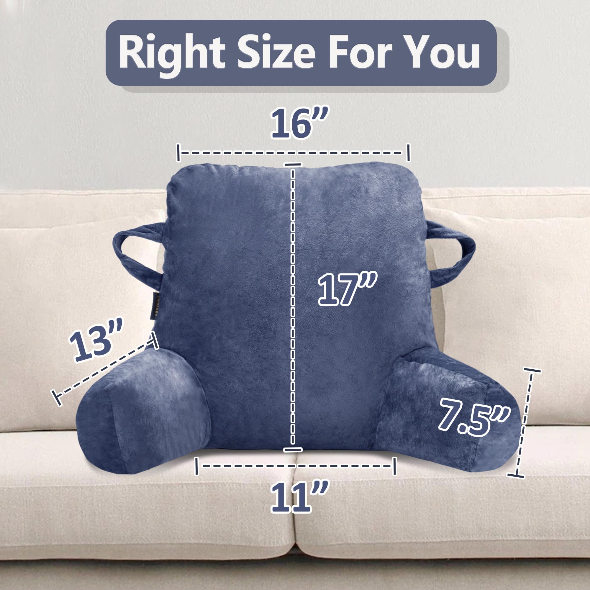 Portable Comfort Reading Pillow for Adults - Blue Bed Pillow with Arms & Storage Pockets, Elastic Sponge & Washable Cover - Perfect for Reading, Watching TV, Gaming & Relaxing in Bed or on the Couch