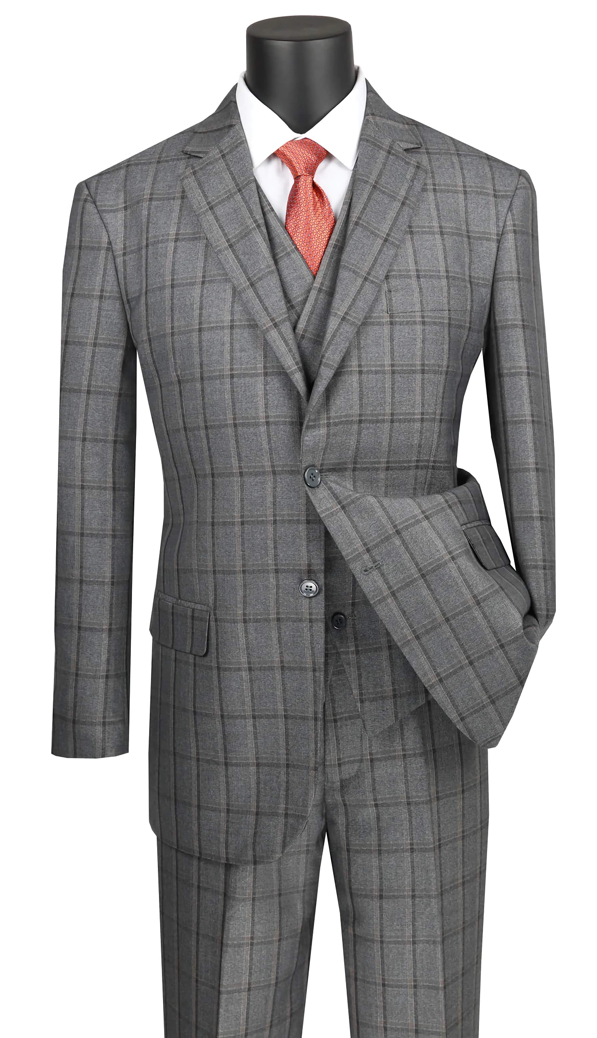 Men's Gray 3-Piece Regular Fit Windowpane Suit - Perfect for Business Meetings, Weddings & Formal Events