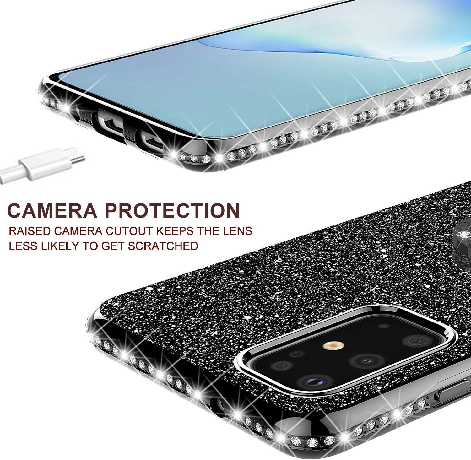 Samsung Galaxy S20 Plus Case - SOGA Glitter Diamond Rhinestone TPU Phone Cover with Ring Stand & Lanyard for Women | Shockproof Protective Case for Everyday Use, Work & Travel (Black)