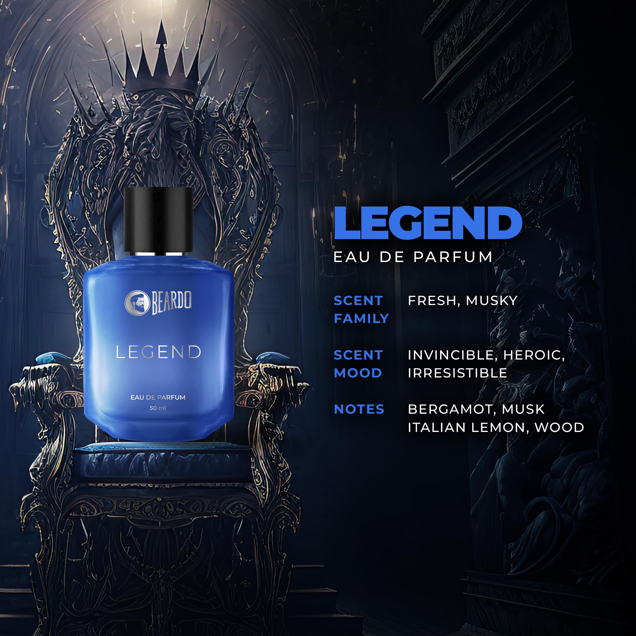 Beardo LEGEND Men's Eau De Parfum 50ml - Intense Fresh Musky Woody Fragrance | Long Lasting Cologne for Him | Perfect Valentine's Day, Christmas & Anniversary Gift for Husband/Boyfriend | Romantic Date Night, Office Wear & Special Occasions