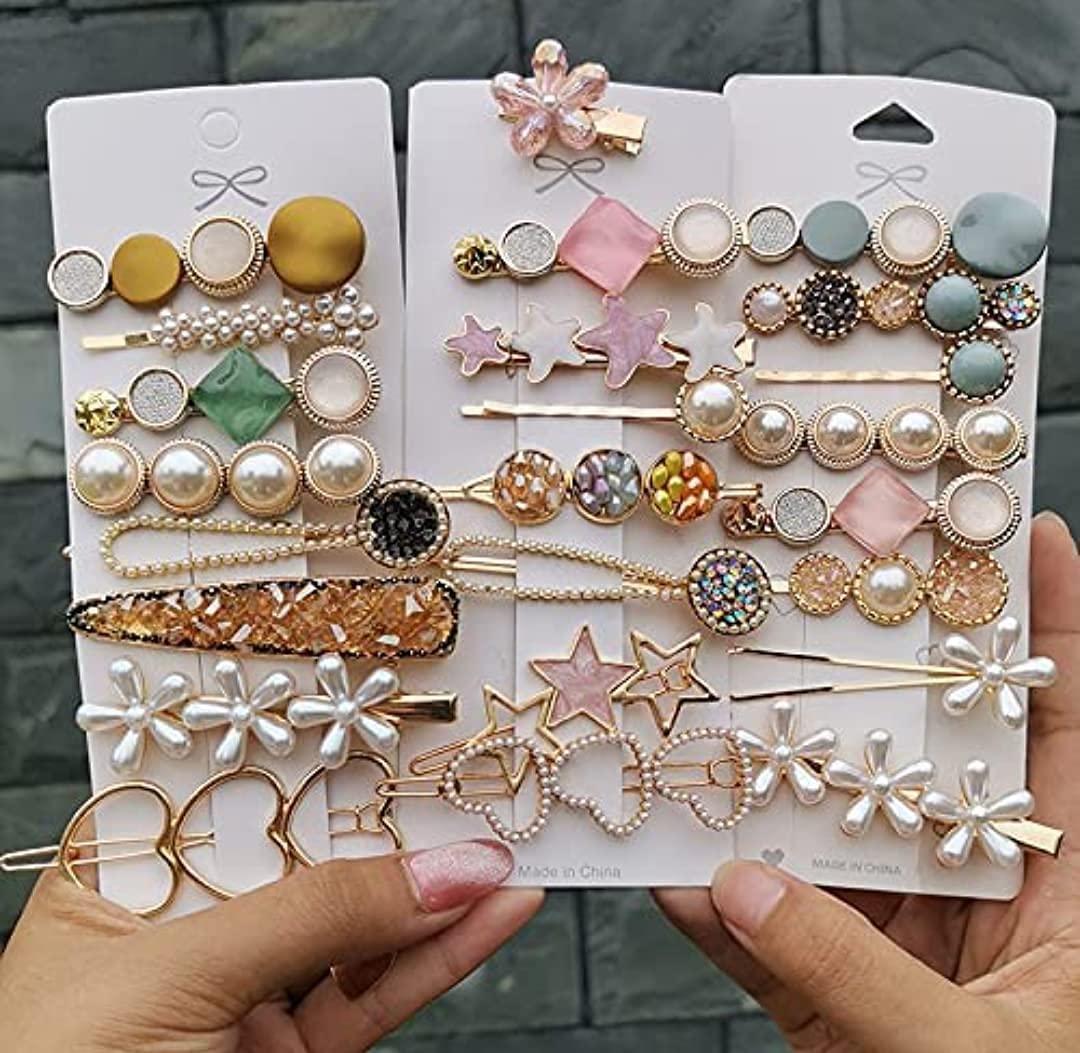 Korean Style Pearl Hairpin & Marble Alligator Bobby Pins Set - 24pcs Women's Hair Accessories for Wedding, Party & Daily Use