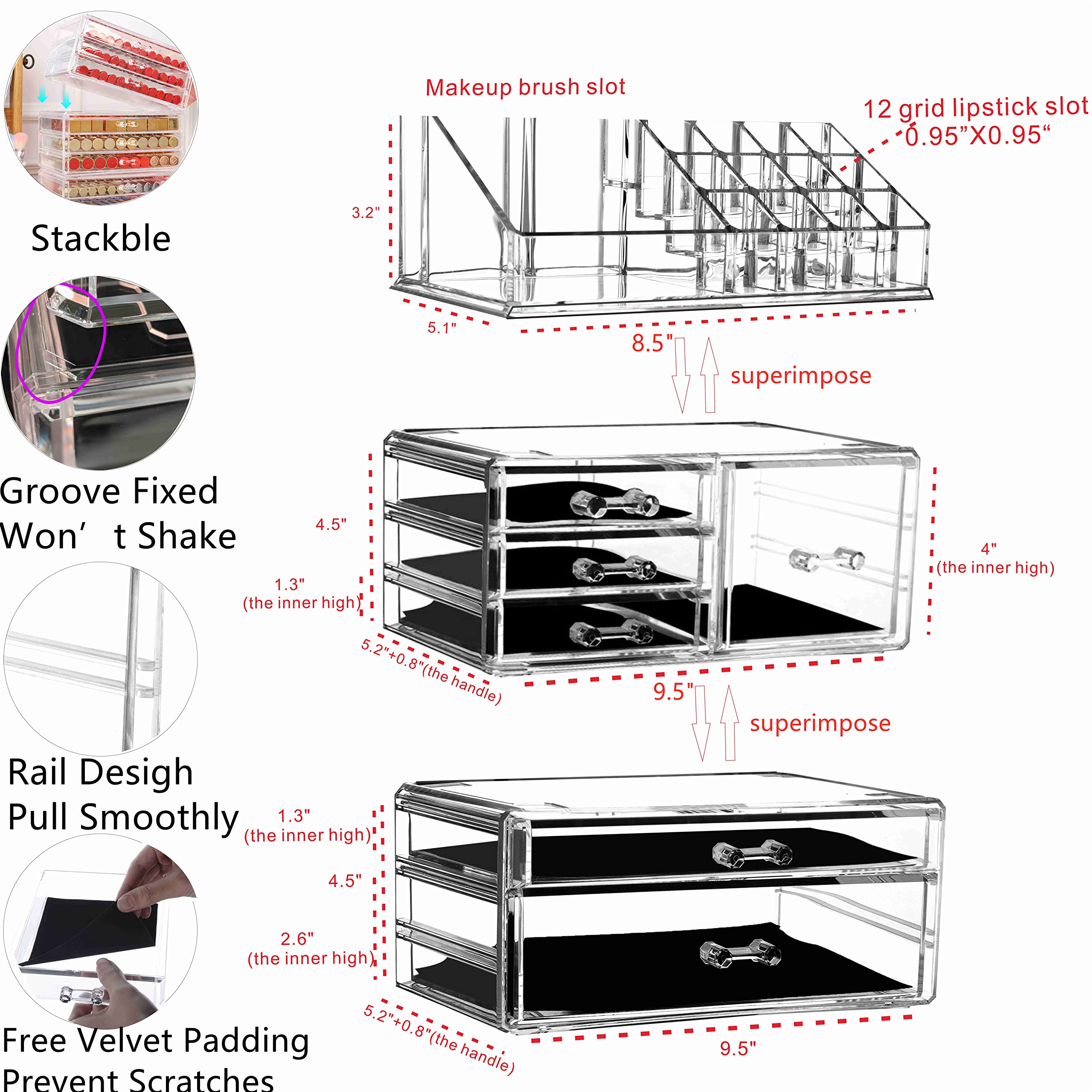 3-Pack Clear Acrylic Makeup Organizer with 6 Stackable Drawers - Skincare, Jewelry & Beauty Product Storage for Vanity, Desk, Bathroom & Bedroom Organization