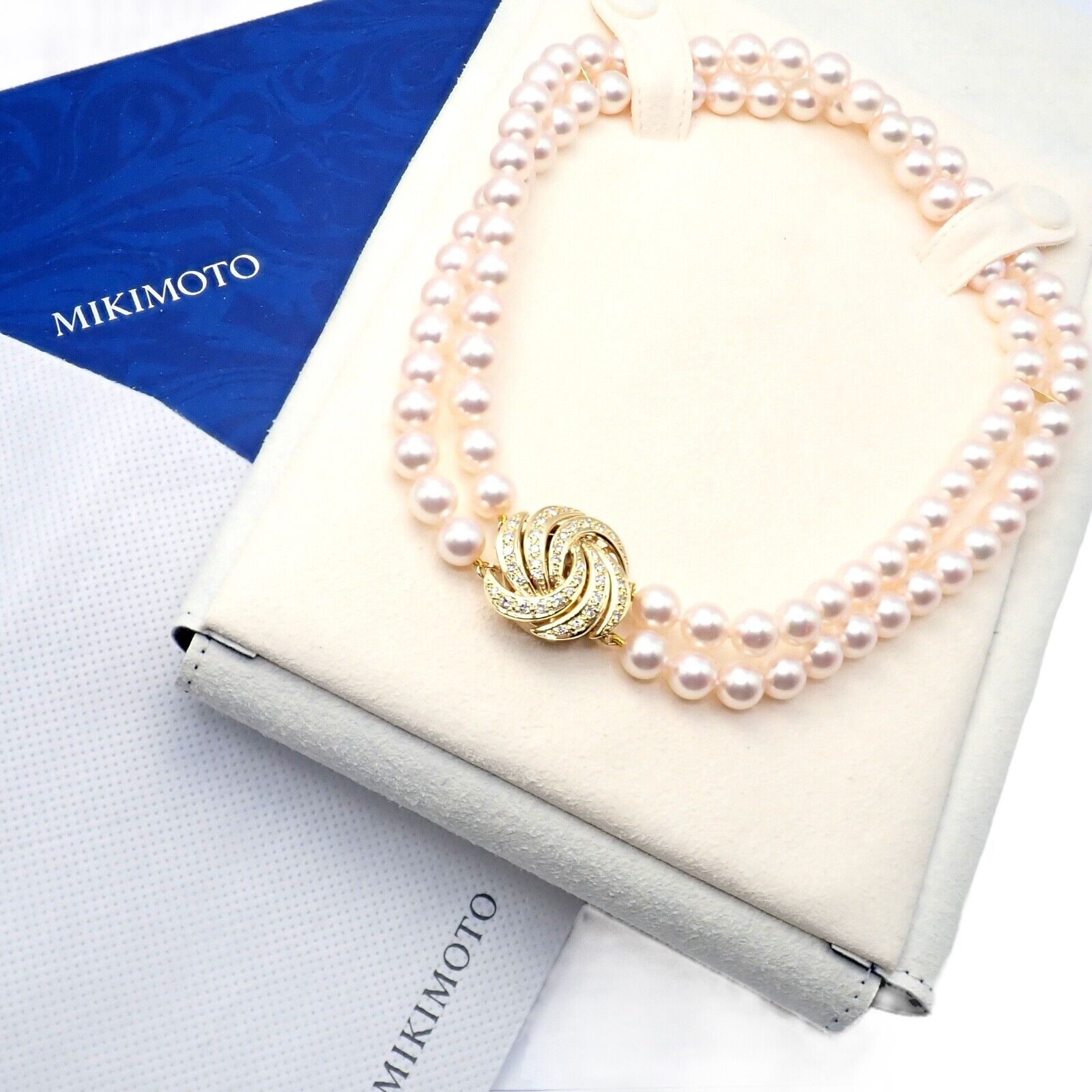 Authentic Mikimoto 18k Yellow Gold Diamond Double Strand 8mm Pearl Necklace - Elegant Jewelry for Weddings, Anniversaries & Special Occasions