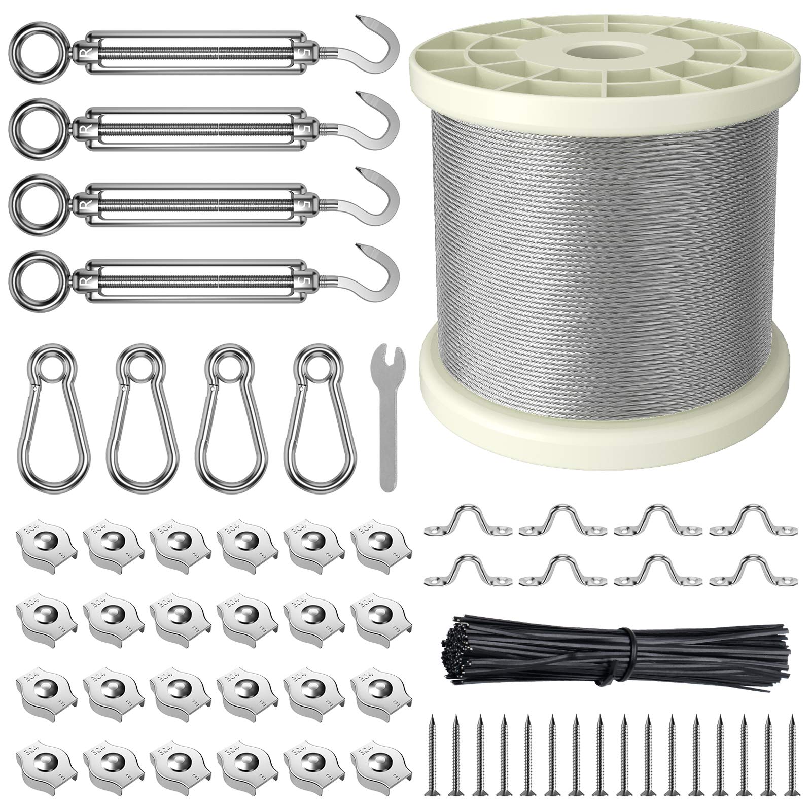 Fil-fresh 200ft Stainless Steel String Light Hanging Kit - 304 Stainless Steel Guide Wire for Outdoor Patio Lights, Globe Light Suspension System - Easy Install Transparent Coated Wire for Backyard, Garden & Wedding Decorations
