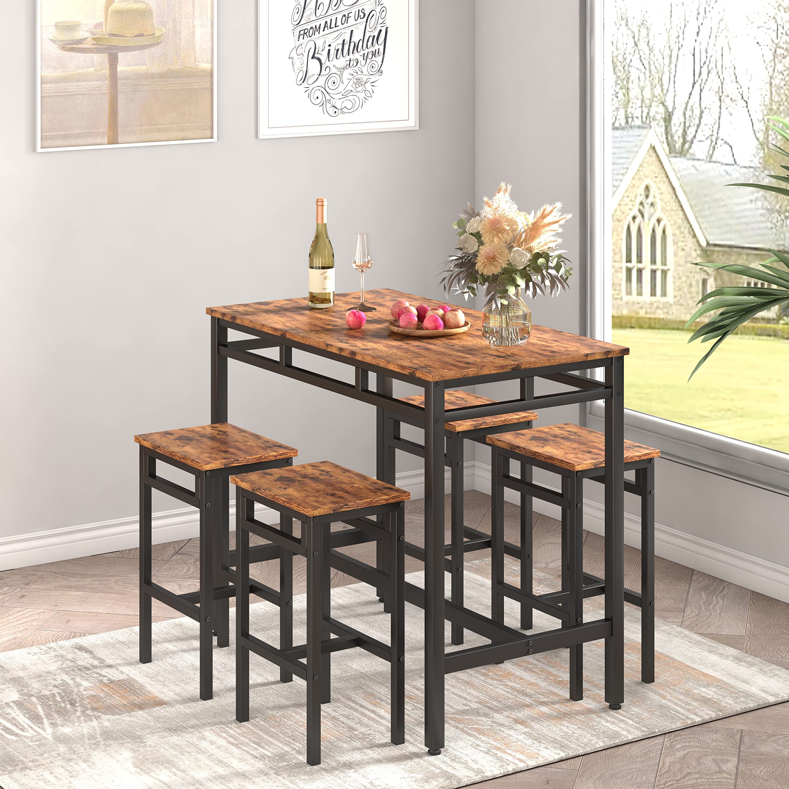 Modern Industrial 5-Piece Bar Table and Chair Set - Rustic Brown Wooden Counter Height Dining Set with 4 Stools for Kitchen, Pub, Breakfast Nook & Small Space Dining | Perfect for Apartments, Restaurants and Home Bars