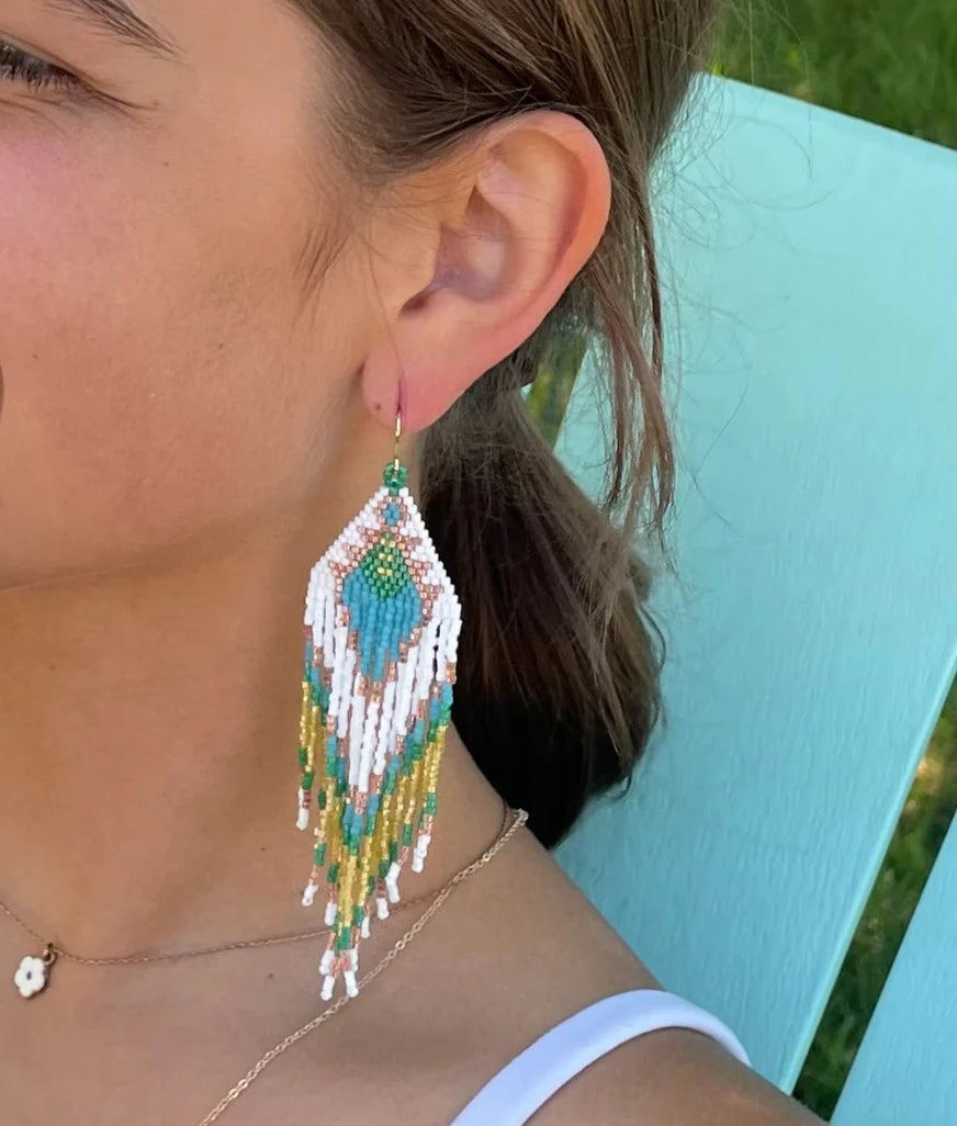 Boho Teal Fringe Earrings - Handmade Jamaican Style Dangle Earrings for Women, Perfect for Festivals, Beach Parties & Boho Fashion