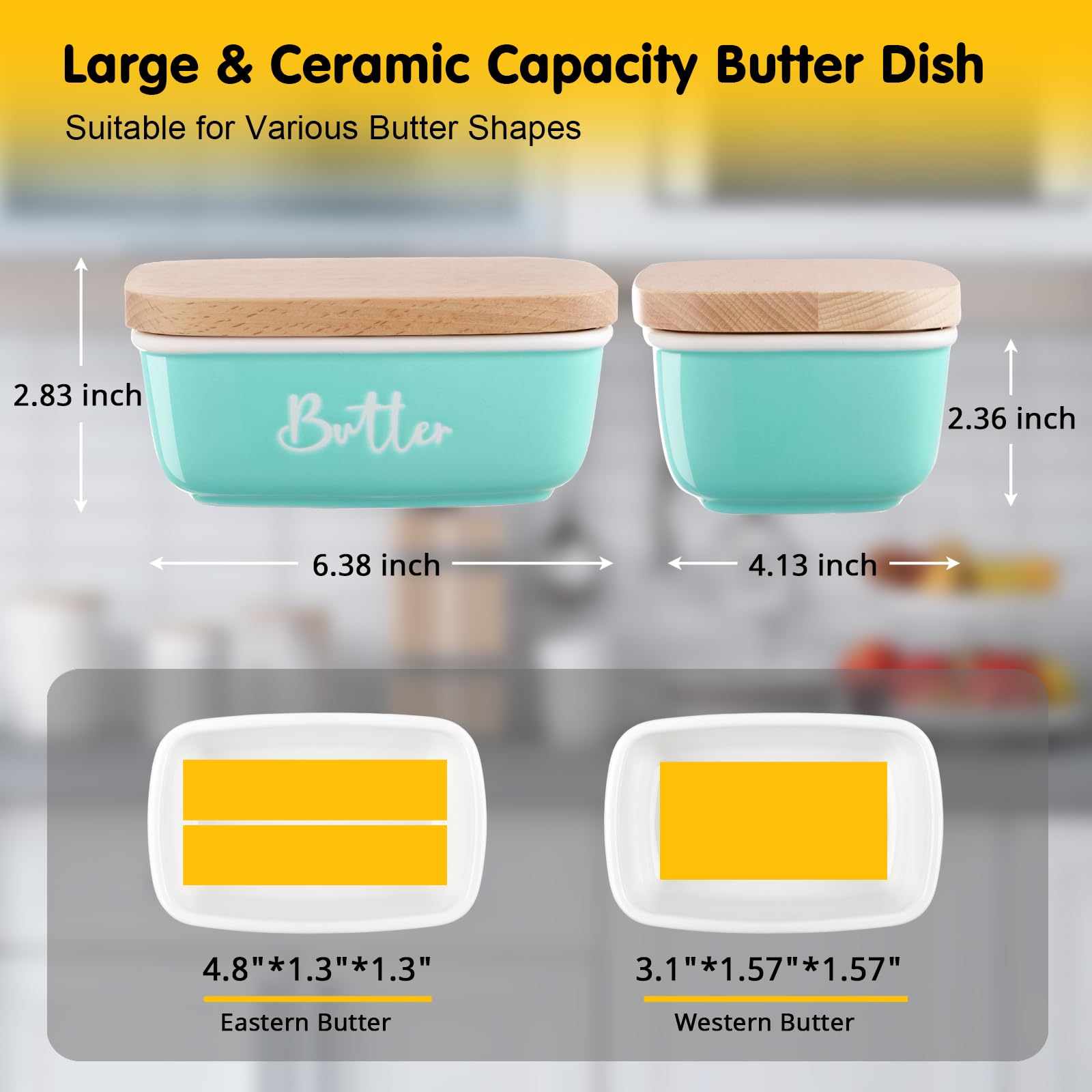 ALELION Turquoise Ceramic Butter Dish with Lid - Airtight Butter Keeper Container with Thick Beech Wood Cover - Modern Farmhouse Kitchen Decor for Countertop - Perfect for Dining Table, Breakfast Nook & Farmhouse Style Kitchens