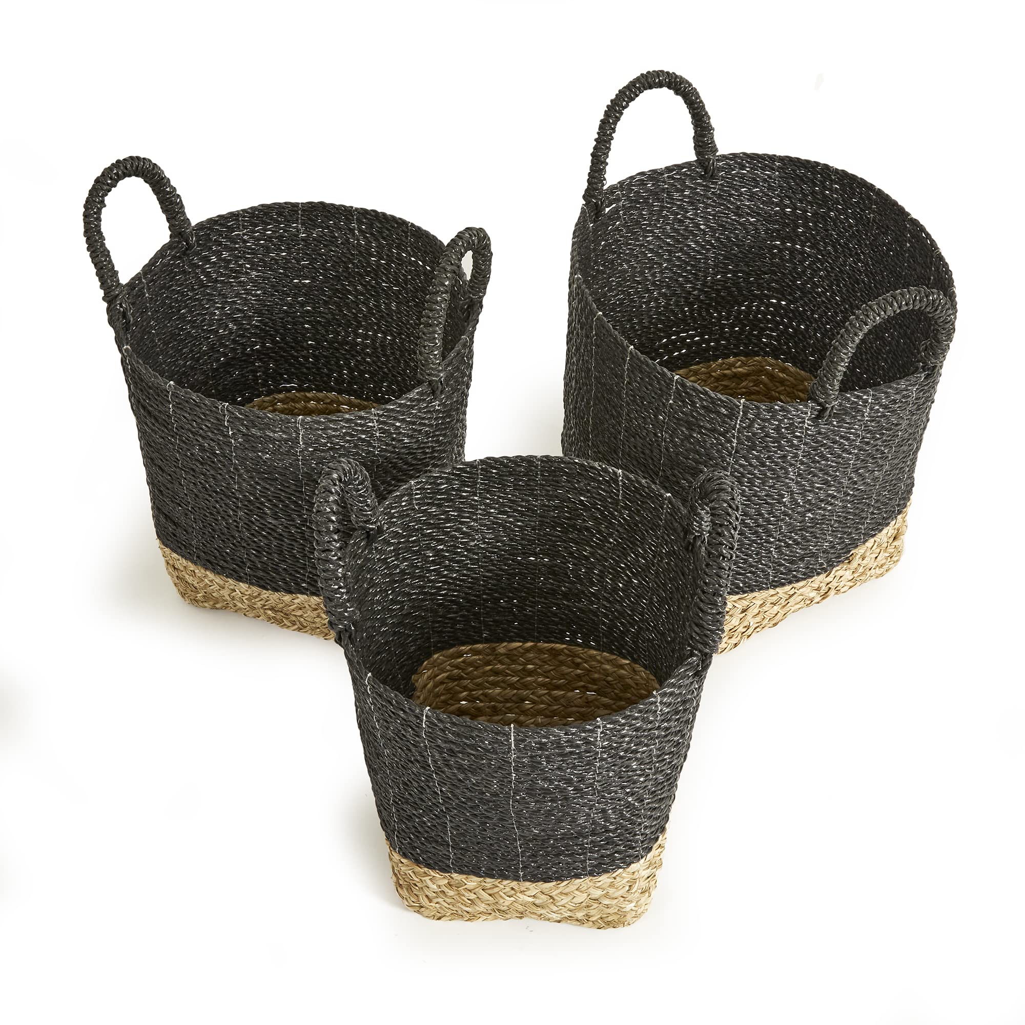 Napa Home & Garden Madura Market Baskets - Set of 3 (Black/Natural) - Stylish Storage for Farmers Market, Picnics & Home Decor