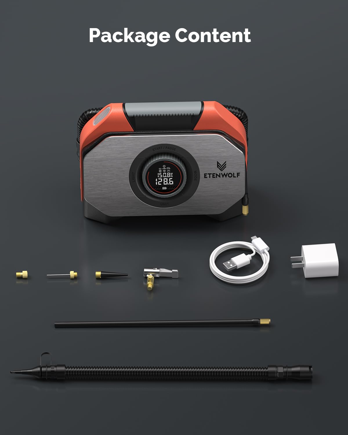 ETENWOLF VORTEX S6 Heavy-Duty Cordless Tire Inflator - 19200mAh Portable Air Compressor for Cars, Trucks, SUVs & Inflatables | 100% Duty Cycle Dual Cylinder Bike Pump | Fast Inflation for Emergency Roadside & Camping Use (Vivid Orange)