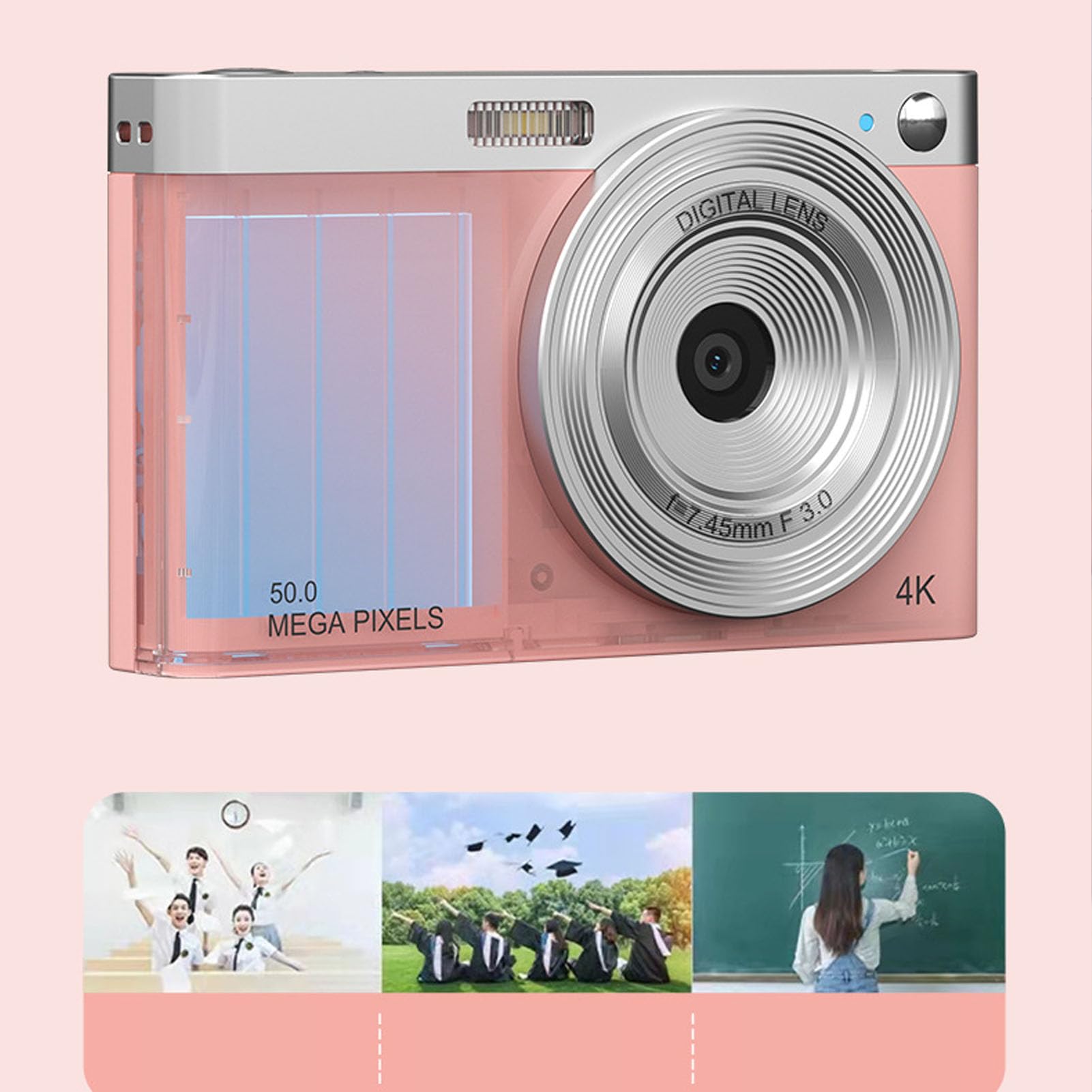 2.88in IPS Screen 50MP 4K Digital Camera with 16X Digital Zoom - Compact HD Vlogging Camera for YouTube, Travel Photography, and Outdoor Adventures (Rose Pink)
