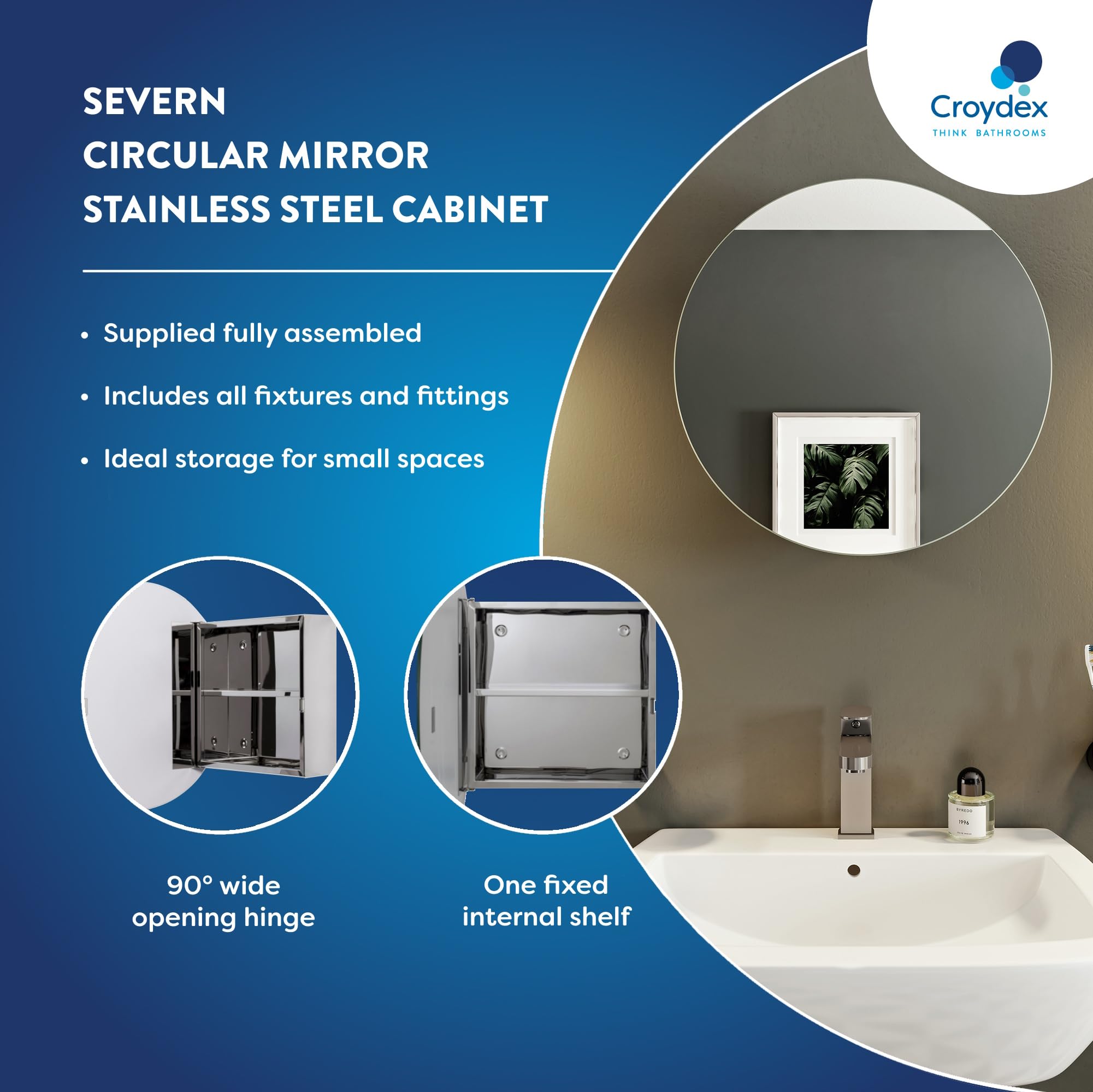 Croydex Severn Stainless Steel Bathroom Mirror Cabinet - Wall Mounted, Space Saving Design for Small Bathrooms - Fully Assembled with Fixed Internal Shelf - 11 x 50 x 50cm - Perfect for Modern Bathrooms, Powder Rooms & Compact Spaces
