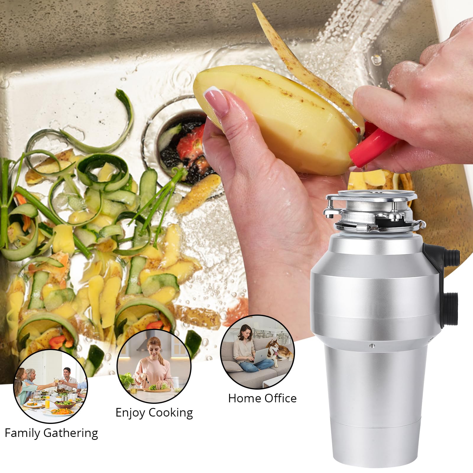 GARVEE 3/4 HP Under Sink Garbage Disposal with Air Switch - 560W Continuous Feed Food Waste Disposer - 4200 RPM - Rose Gold - Ideal for Kitchen Waste Management & Dish Cleaning