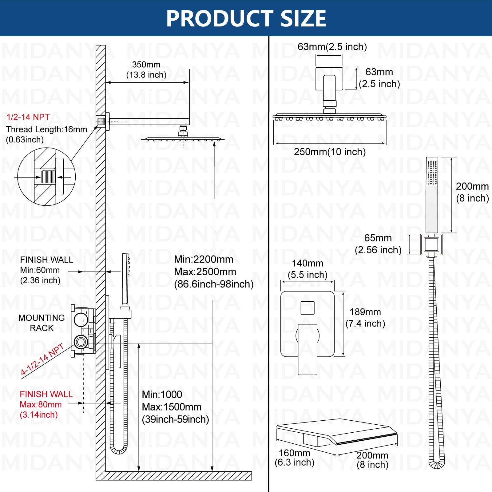 Midanya 10 Inch Square Rain Shower System - Polished Chrome Rainfall Shower Head with Handheld Sprayer, Waterfall Tub Spout & Mixer Valve Combo for Bathroom Remodeling - Perfect for Spa-Like Shower Experience and Modern Bathroom Upgrade