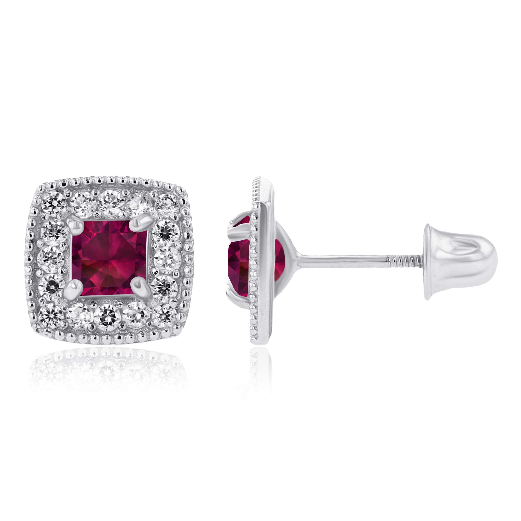 14K Gold 6x6mm Cushion Natural Birthstone Screwback Stud Earrings for Women | 3mm Square Cut Earrings | 1mm Created White Sapphire Halo Earrings | Perfect for Everyday Wear, Gifts & Special Occasions