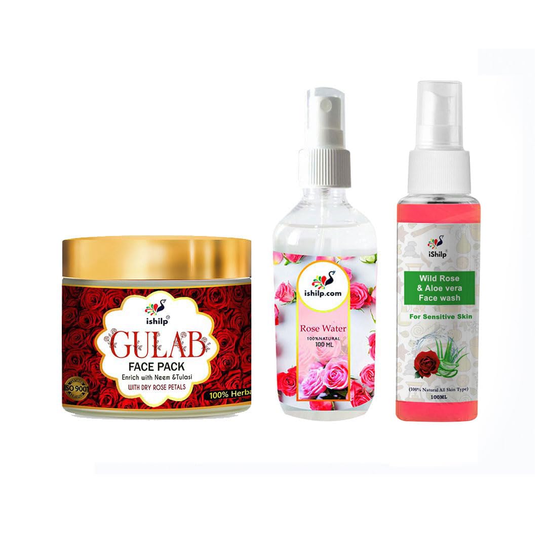 iShilp Gulab Face Pack, Gulab Jal & Wild Rose & Aloe Vera Face Wash Combo for Glowing Skin | 3-in-1 Skincare Set for Hydration, Brightening & Cleansing | Perfect for Daily Routine & Spa Day