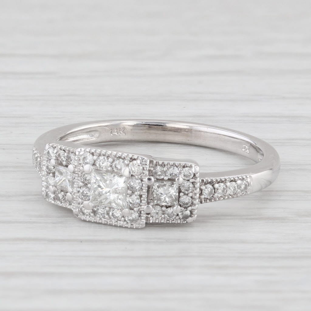 0.50ctw Diamond 3 Stone Halo Engagement Ring in 14k White Gold - Size 7 | Perfect for Proposals, Anniversaries & Bridal Jewelry