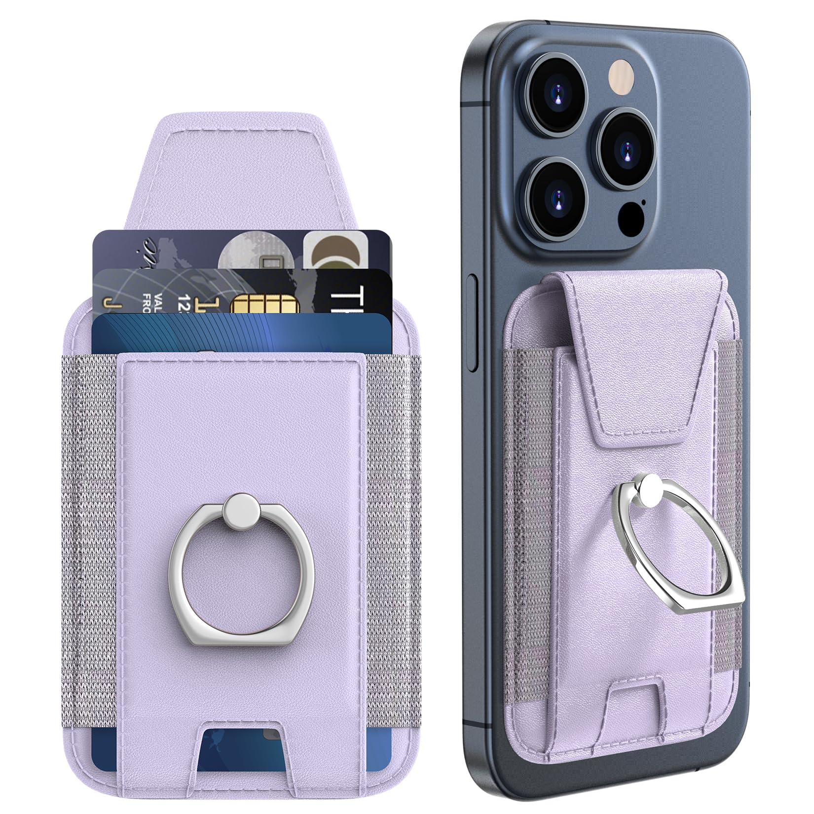 Magnetic Wallet Card Holder for iPhone 15/14/13/12 Series - 360° Rotating Finger Ring Kickstand with RFID Blocking - Holds 7 Cards - MagSafe Compatible Phone Sleeve (Purple) - Perfect for Travel, Shopping & Everyday Use
