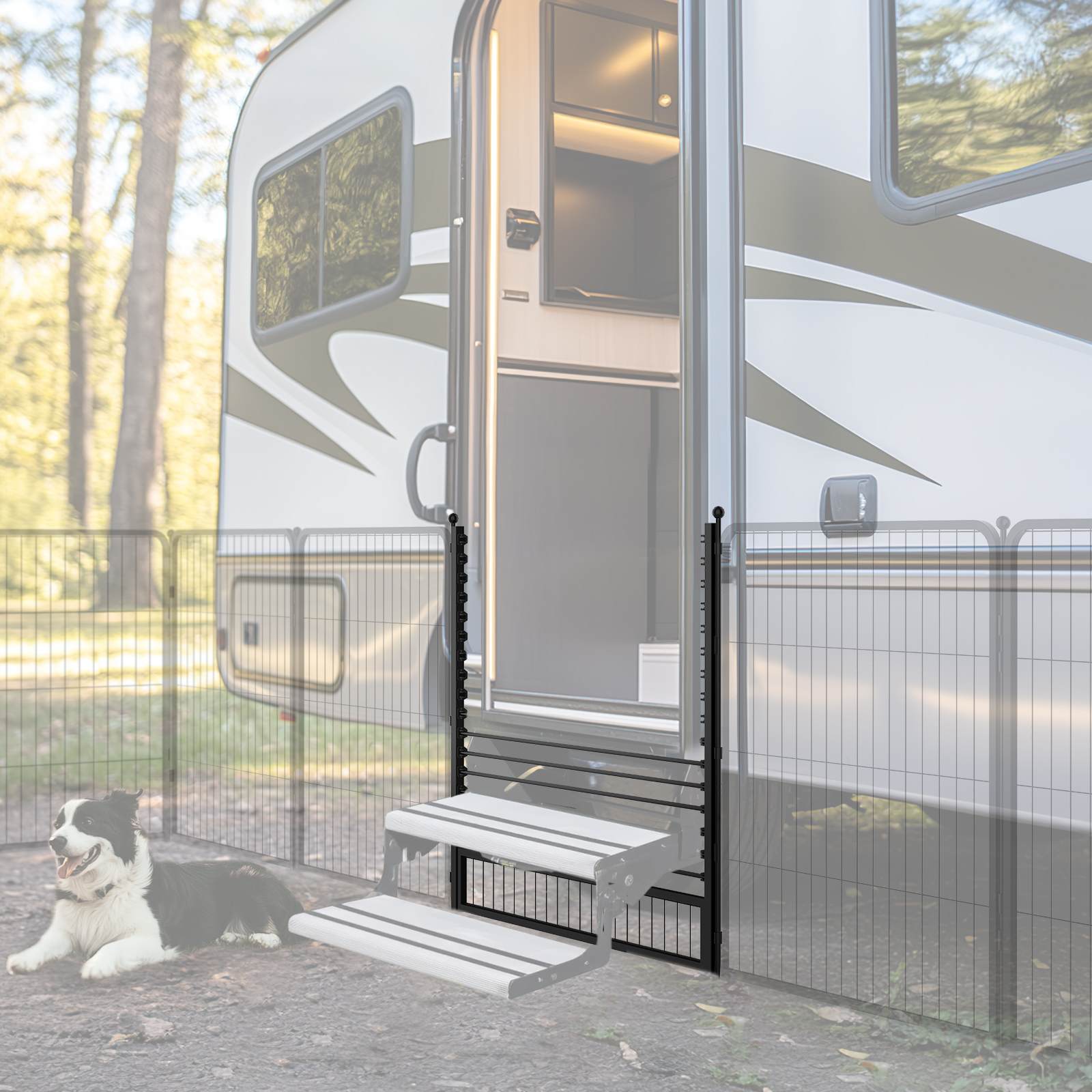 Non-Slip RV Step Grid with Dog Barrier - Heavy Duty Aluminum Stair Treads for RV Steps & Stairs | Perfect for Camping, Travel & Pet Safety
