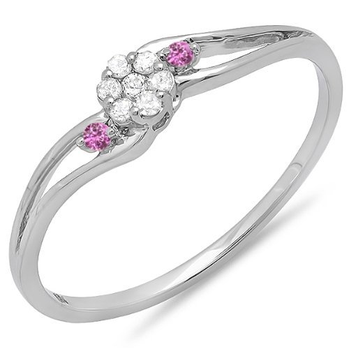 Dazzlingrock 10K White Gold Round White Diamond & Pink Sapphire Women's Bridal Promise Ring - Elegant Swirl Split Shank Cluster Design for Engagement, Anniversary & Special Occasions