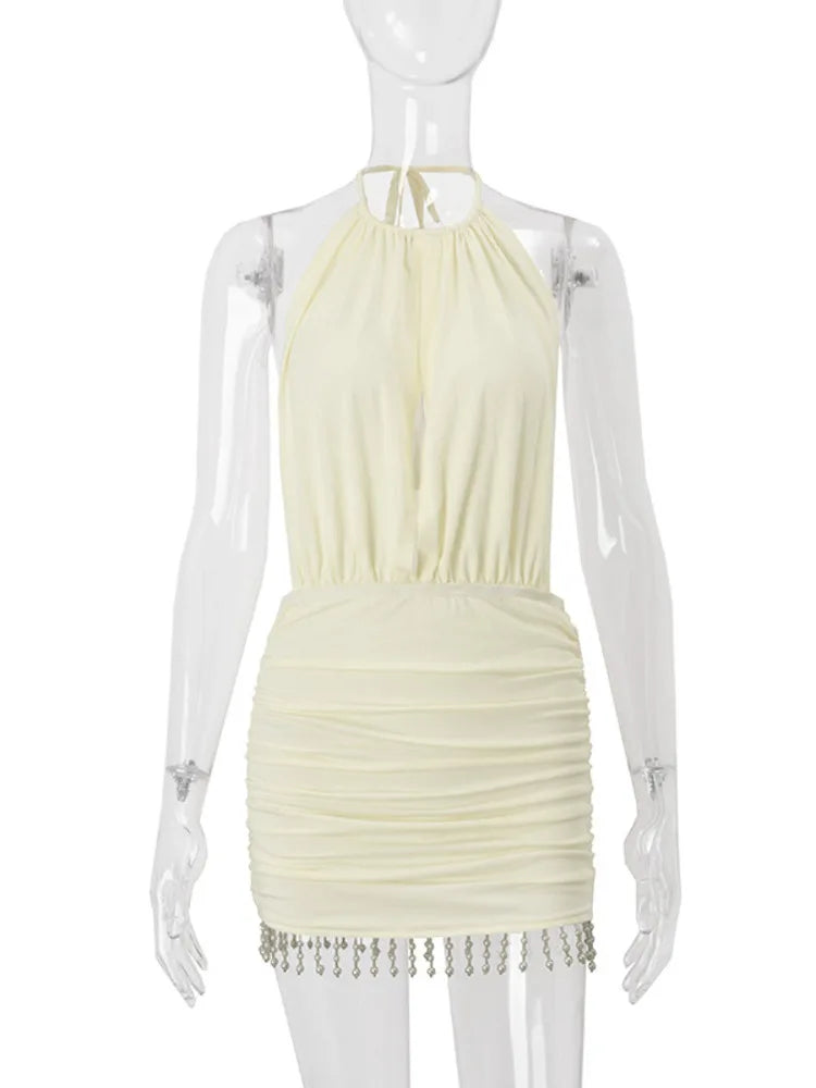 Sexy Backless Tassel Mini Dress for Women - Summer Hollow Out Halter Sleeveless High Waist Ruched Bodycon Club Dress | Perfect for Night Out, Party, and Date Night