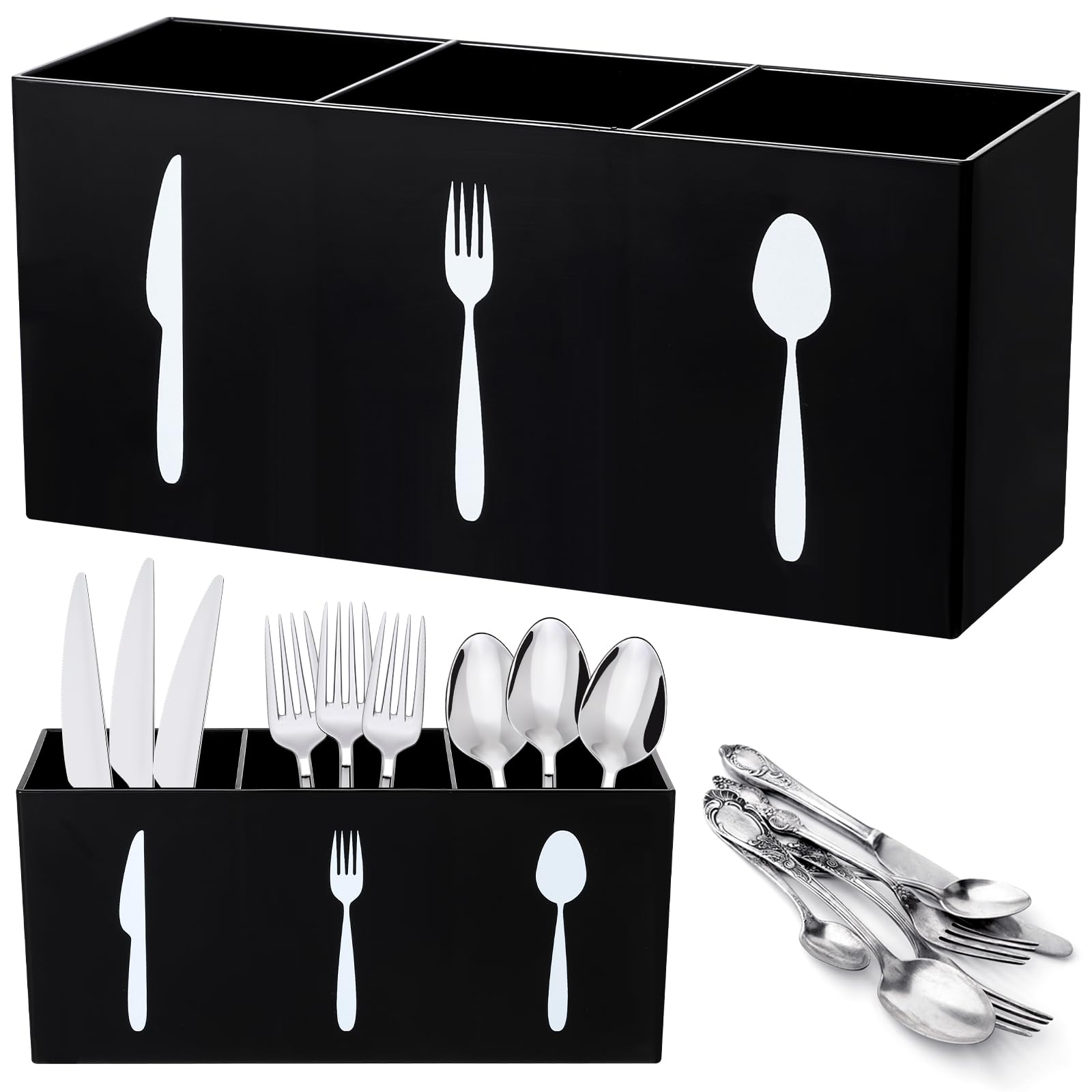 Acrylic Cutlery Storage Organizer - 3-Section Silverware Caddy for Knives, Spoons & Forks | Countertop & Cabinet Kitchen Organizer | Durable Tableware Holder for Dining Room & Home (Black) | Perfect for Kitchen Counter Organization & Flatware Storage