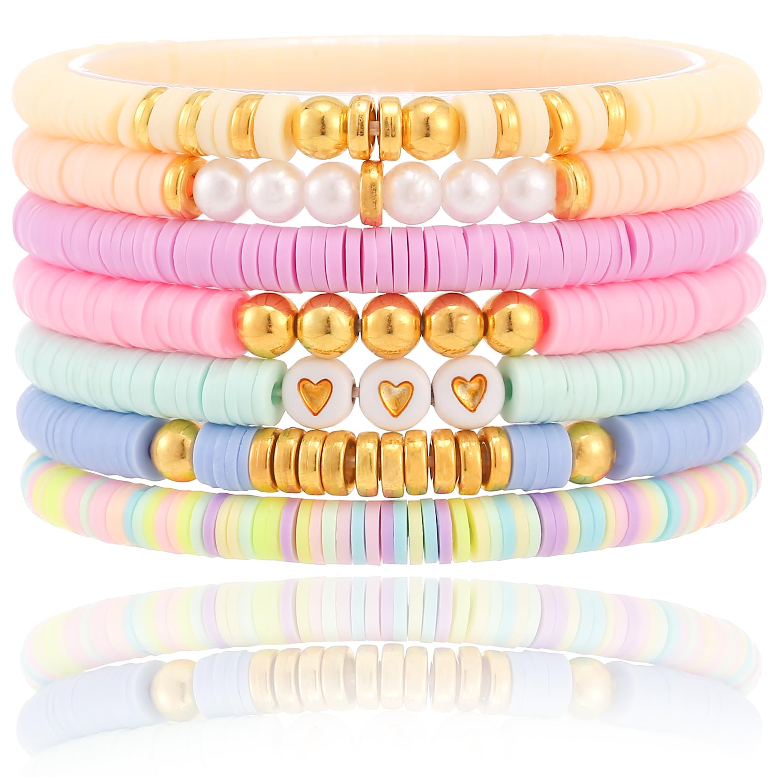 Trendy Heishi Clay Bead Friendship Bracelets for Women - Stackable Gold Beaded Stretch Boho Bracelets Bulk Set - Cute Preppy Jewelry for Everyday Wear, Gifts & Boho Fashion Accessories