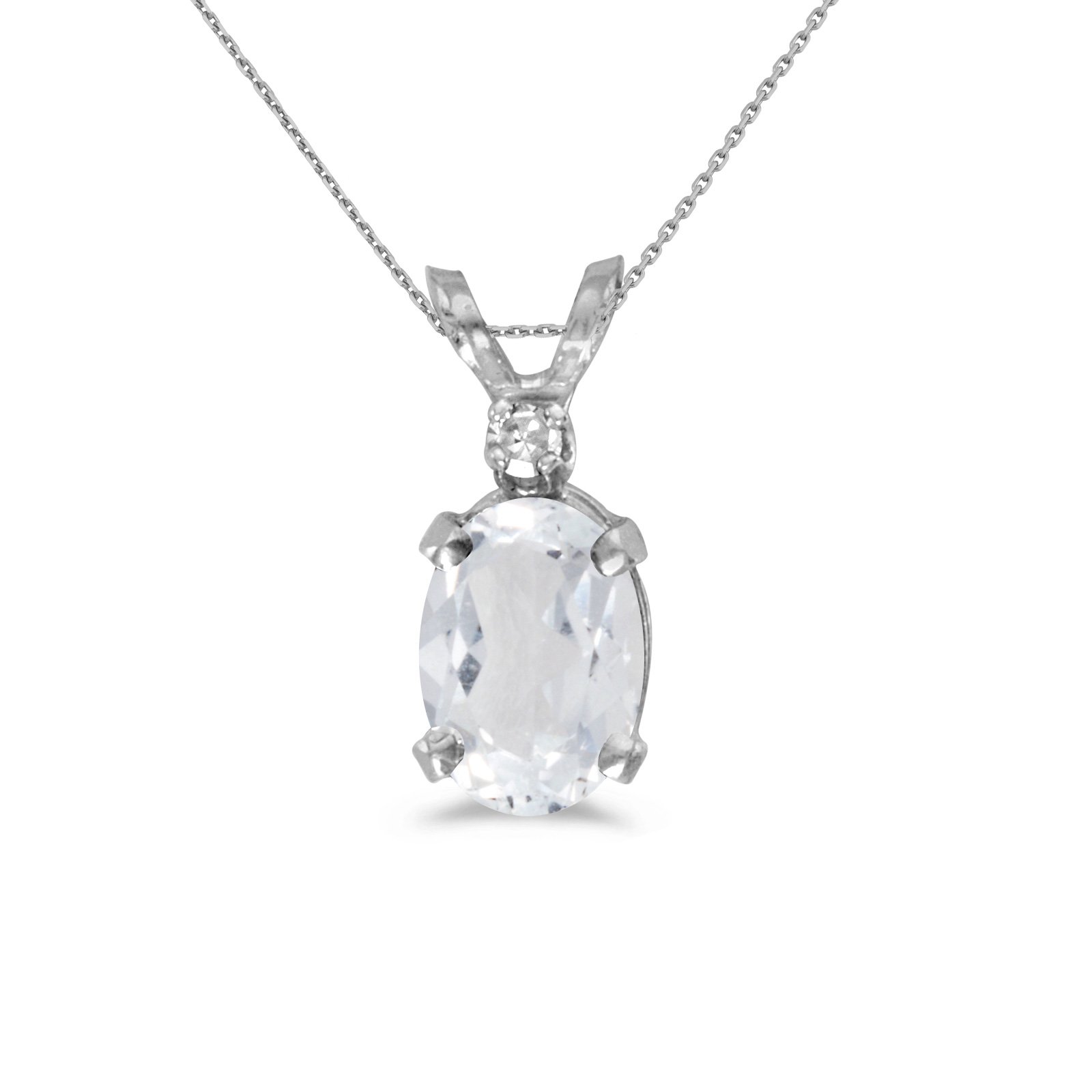 10K White Gold Oval White Topaz and Diamond Pendant Necklace with 16
