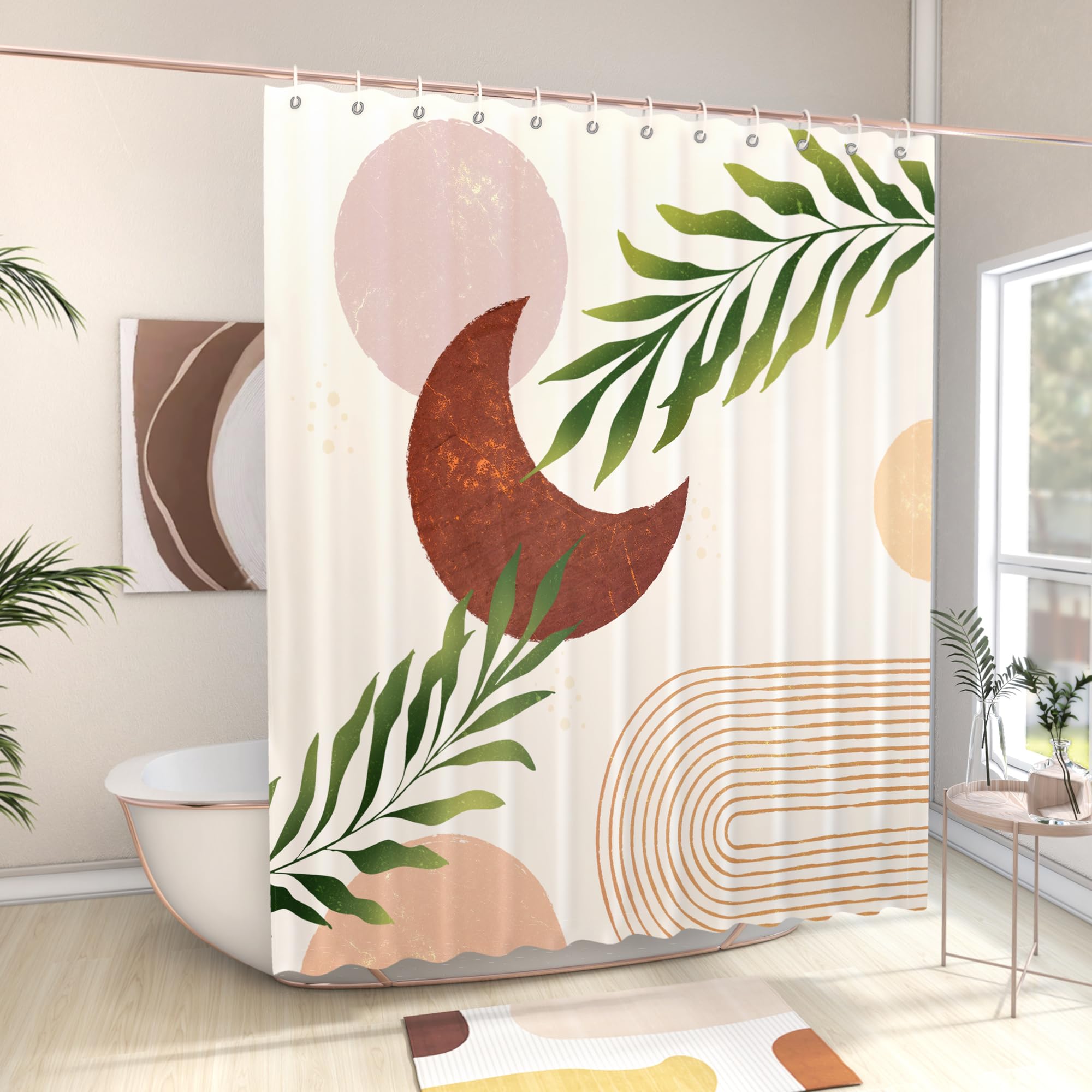 Boho Shower Curtain Waterproof Abstract Design with Moon & Plant Print - Farmhouse Bathroom Decor Set for Mid Century Modern Homes | Perfect for Boho Chic, Vintage, and Contemporary Bathroom Styles