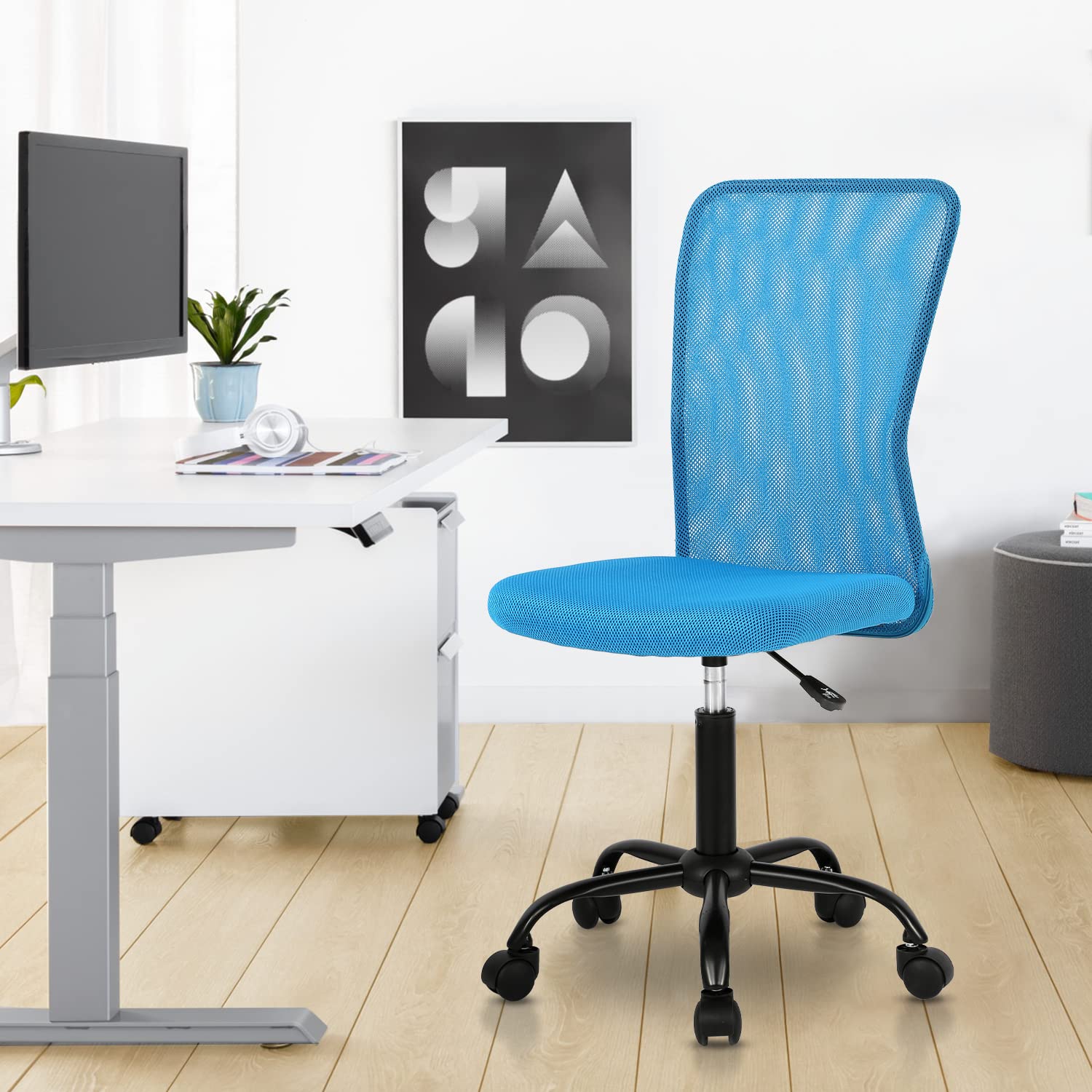 Ergonomic Armless Rolling Office Chair - Small Swivel Desk Chair with Wheels for Home Office, Computer Work, Sewing & Task Chairs - Comfortable Blue Stool for Adults (Ideal for Small Spaces & Compact Workstations)