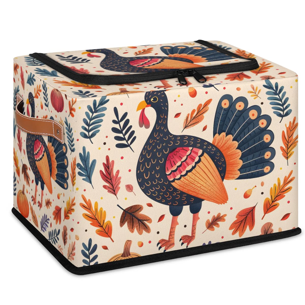 Thanksgiving Day Storage Boxes with Sturdy Handles - 2 Pack Zippered Storage Bins for Clothes, Toys & Home Organization | Durable Zipper Lid Storage Baskets for Holiday Decor, Seasonal Items & Kids Room Organization