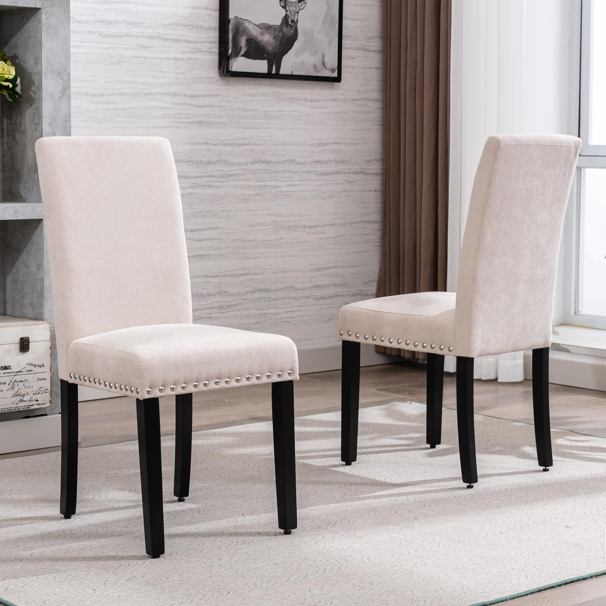 GOTMINSI 4-Piece Upholstered Dining Chair Set - Beige Padded Parson Kitchen Chairs with Silver Nail Accents & Solid Wood Legs for Dining Room, Kitchen, Breakfast Nook, and Home Decor