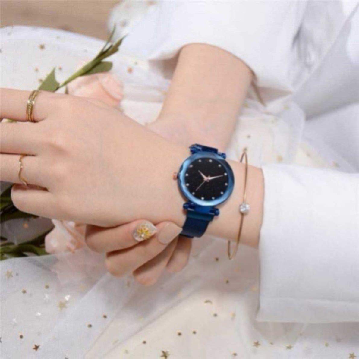 Premium Acnos Stainless Steel Women's Watch - Black Round Diamond Dial with Blue Magnet Belt, Analog Timepiece for Everyday Wear & Special Occasions (DM-Blue10) | Perfect for Office, Parties & Gifts
