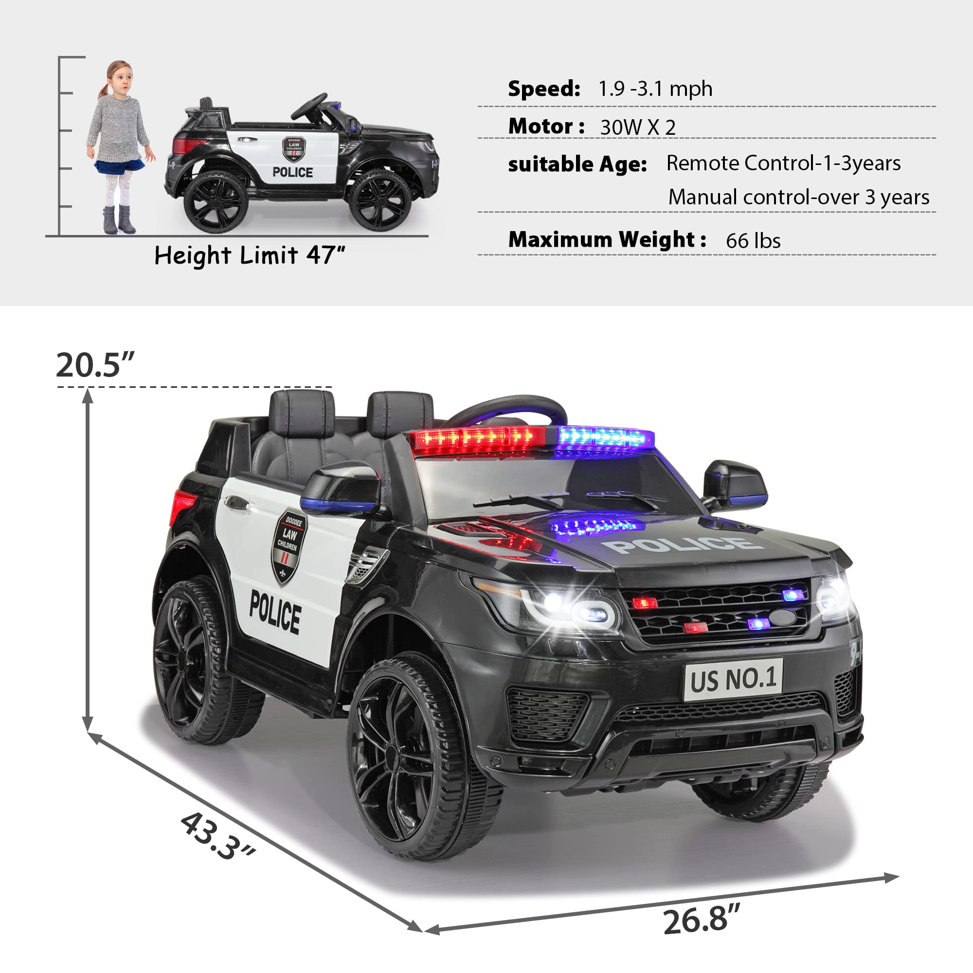 TOBBI Kids Electric Police Car Ride-On Toy with Remote Control, Siren, Flashing Lights & Music - Battery Powered Spring Suspension Toy Vehicle for Boys & Girls (Carbon Black) - Perfect for Birthday Gifts, Outdoor Play & Pretend Police Adventures