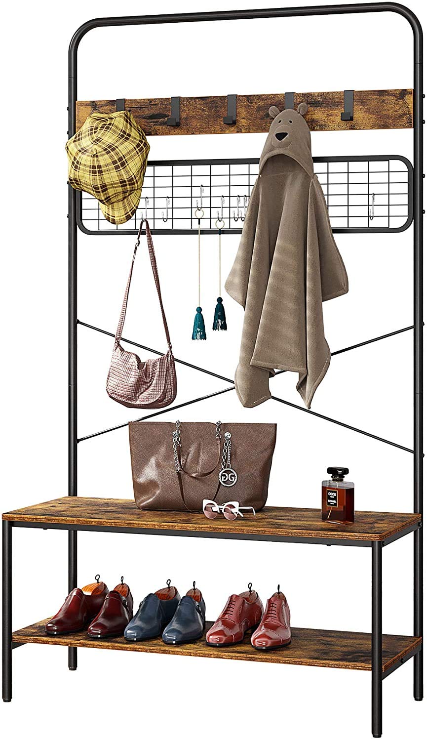 Industrial Shoe Bench Coat Rack with Storage Shelf & Grid Memo Board - Entryway Hall Tree Organizer for Shoes, Coats & Accessories | Perfect for Small Spaces, Apartments & Mudroom Organization