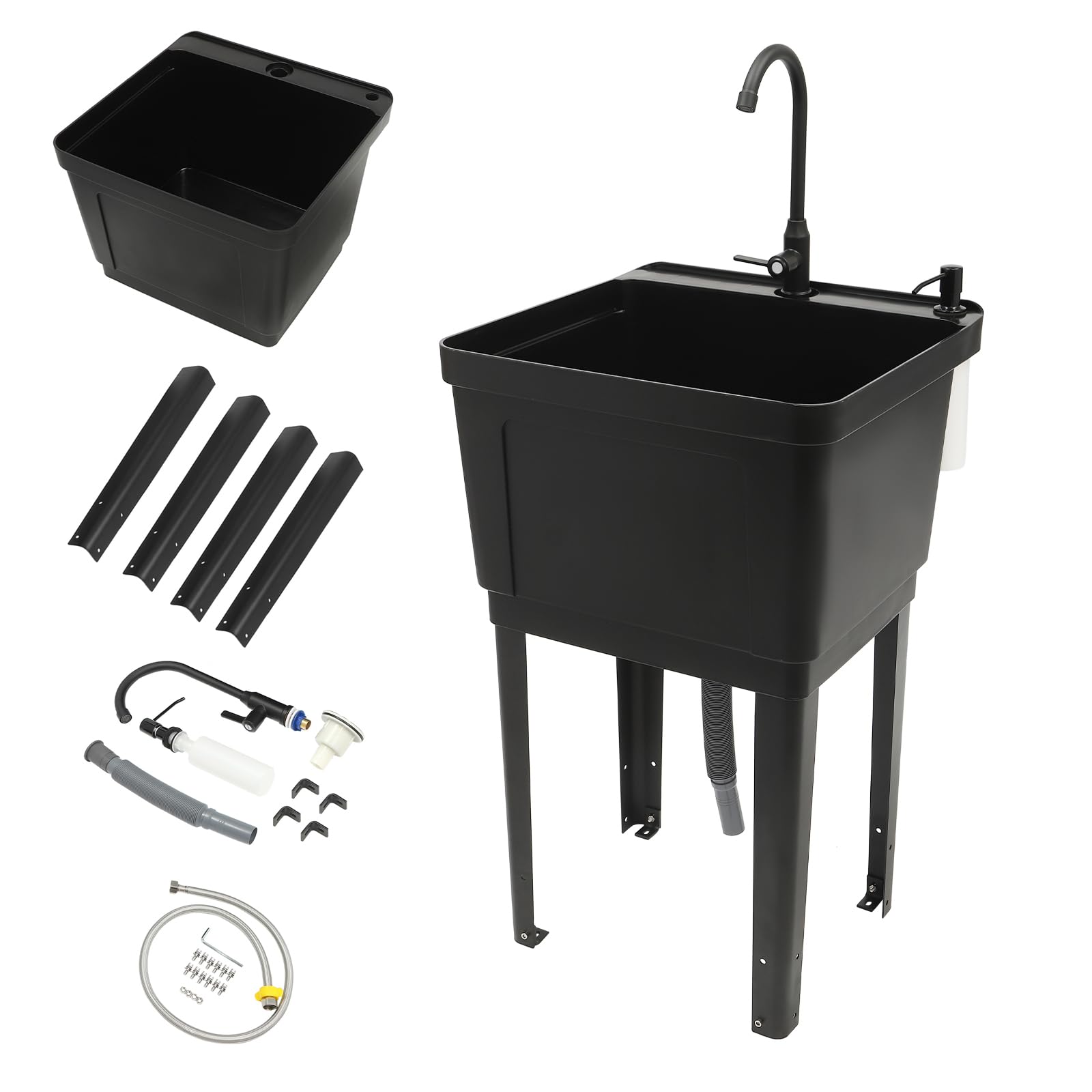 Heavy Duty Utility Sink Laundry Tub - Freestanding Wash Station with Rotatable Faucet & Soap Dispenser | Durable Plastic Slop Sink for Basement, Garage, Workshop | Ideal for Laundry, Cleaning Tools, Pet Washing & DIY Projects (Black)