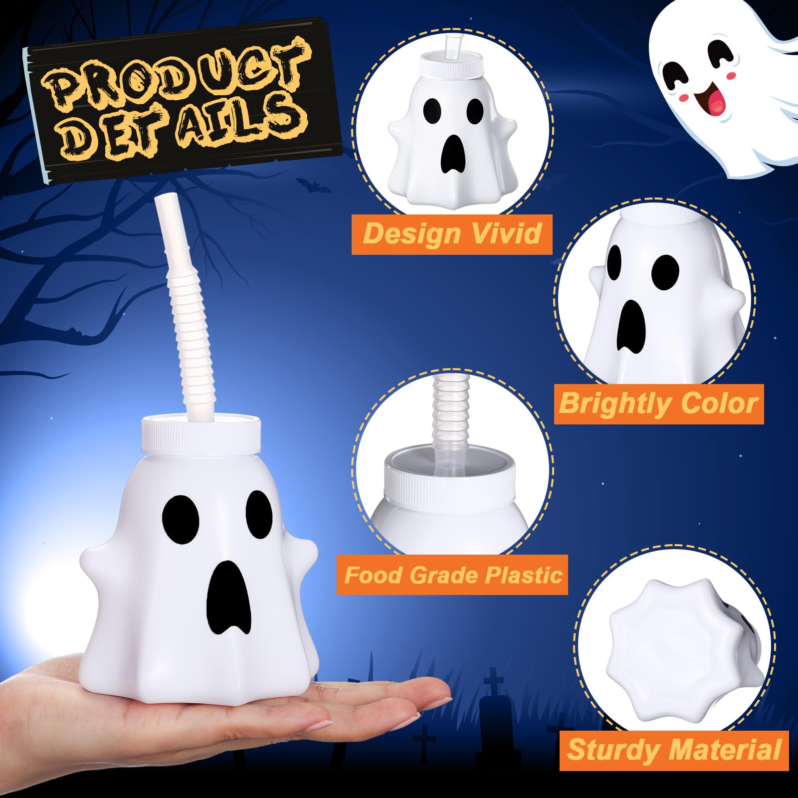 Umigy 24-Pack Halloween Ghost Shaped Cups with Lids & Straws - 10 oz Reusable Plastic Party Cups for Kids, Halloween Party Supplies - Perfect for Trick-or-Treat Drinks, Classroom Celebrations & Spooky Decorations