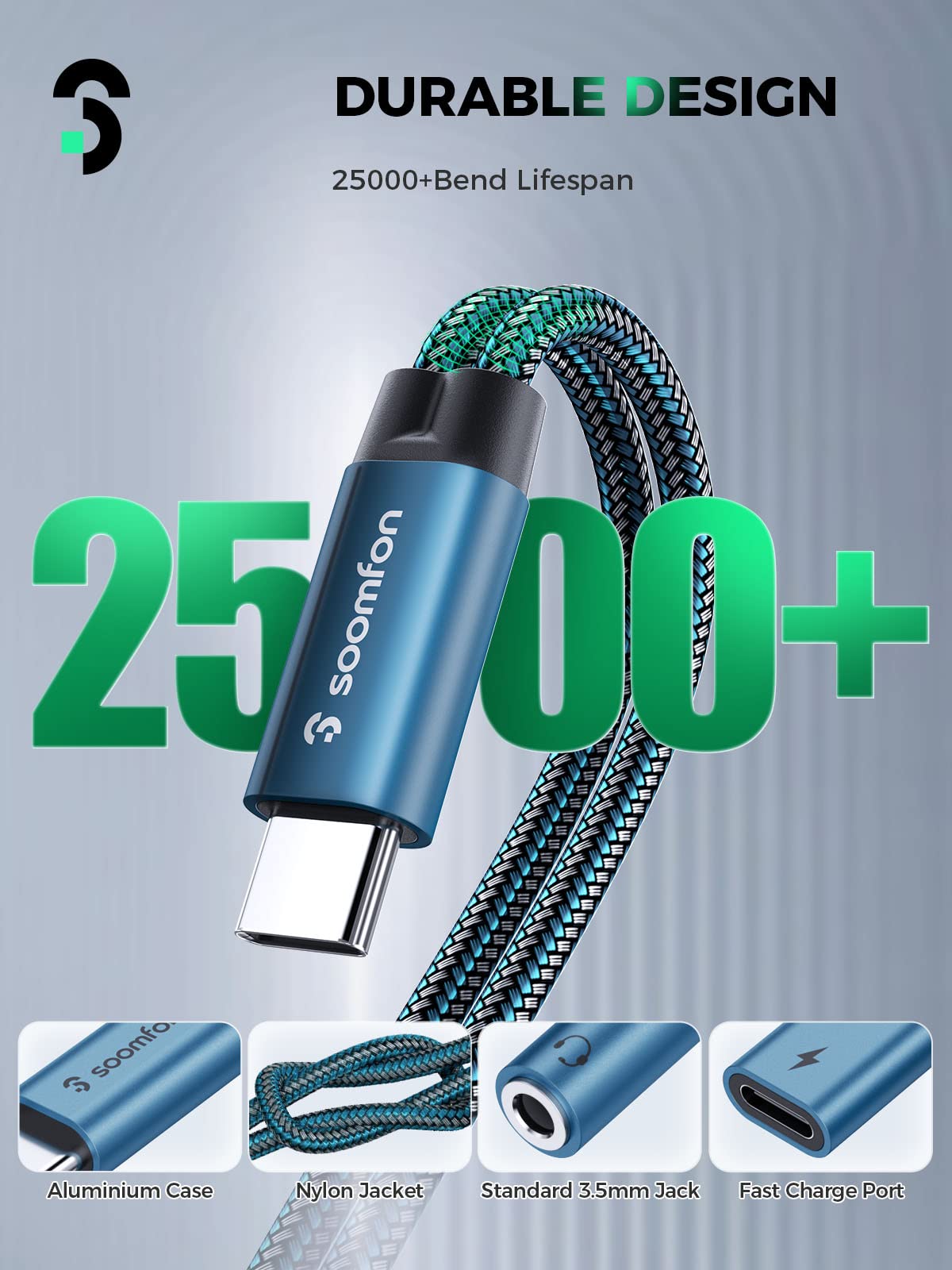 SOOMFON 2-in-1 USB C to 3.5mm Headphone Jack & PD 60W Fast Charging Adapter - Compatible with iPad Pro 2020, Galaxy S20+, Pixel 4 XL - Blue | Perfect for Travel, Work & Gaming with Simultaneous Audio & Charging