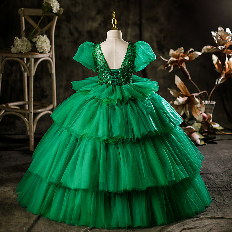 Green Princess Tulle Flower Girl Dress with Puff Sleeves - Elegant First Communion & Wedding Party Attire for Toddlers