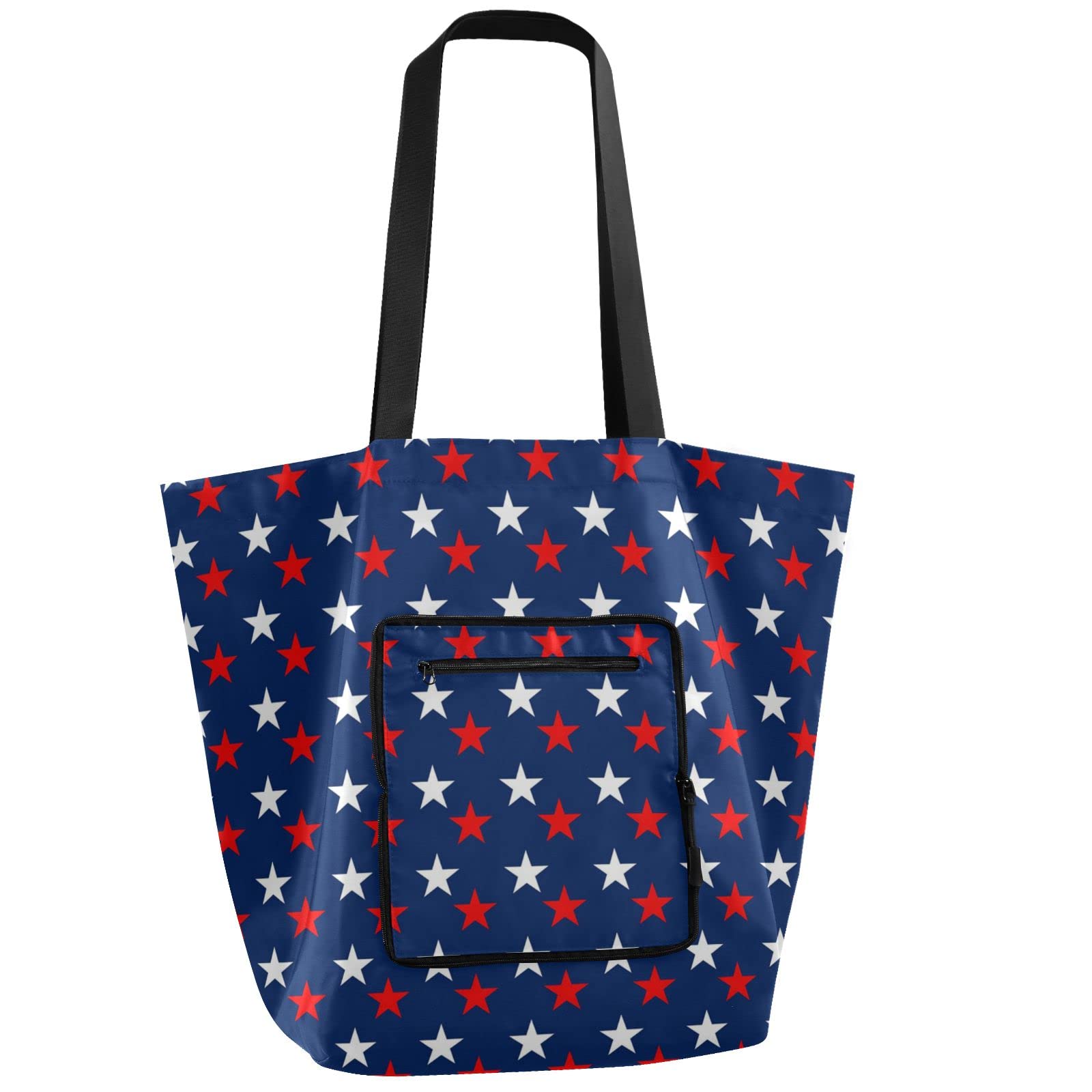 Patriotic Red White Blue Stars Print Reusable Foldable Shopping Tote Bags - Heavy Duty Polyester Grocery Bags with Handles for Grocery Shopping, Picnics & Storage | Eco-Friendly Reusable Storage Bags